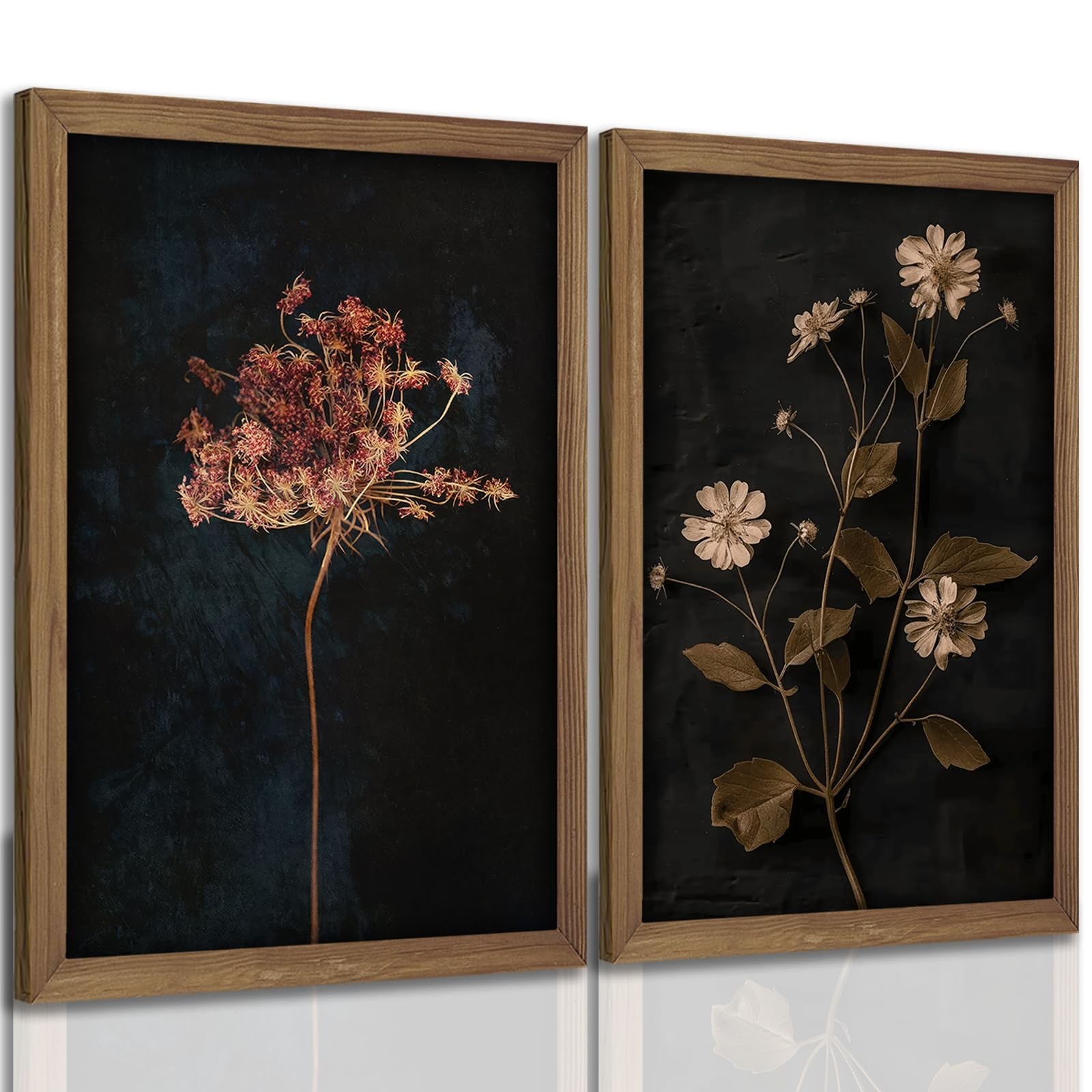 QKYKISS 2Pcs Framed Vintage Wall Art Prints, Retro Moody Floral Botanical