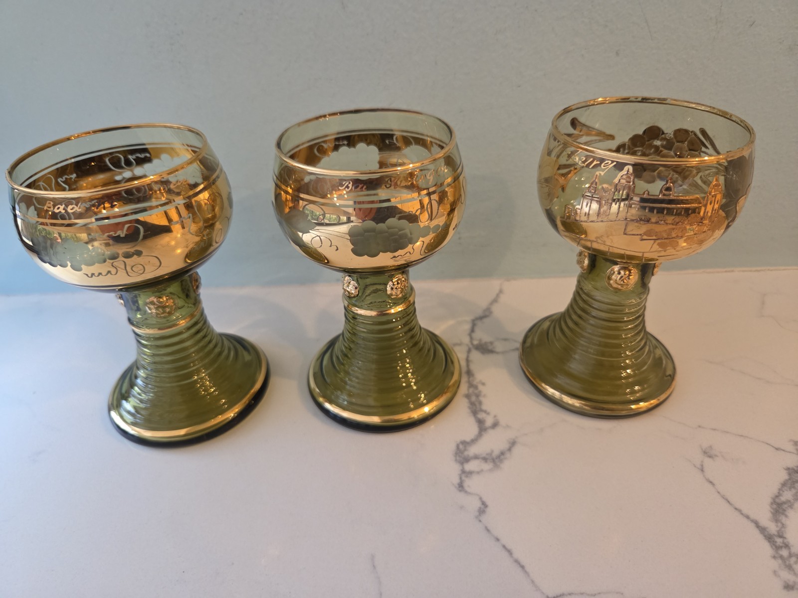 Bad Kissingen & Wurzburg Vintage 3 Pc Gold Gilt Glassware Goblets EXCELLENT COND