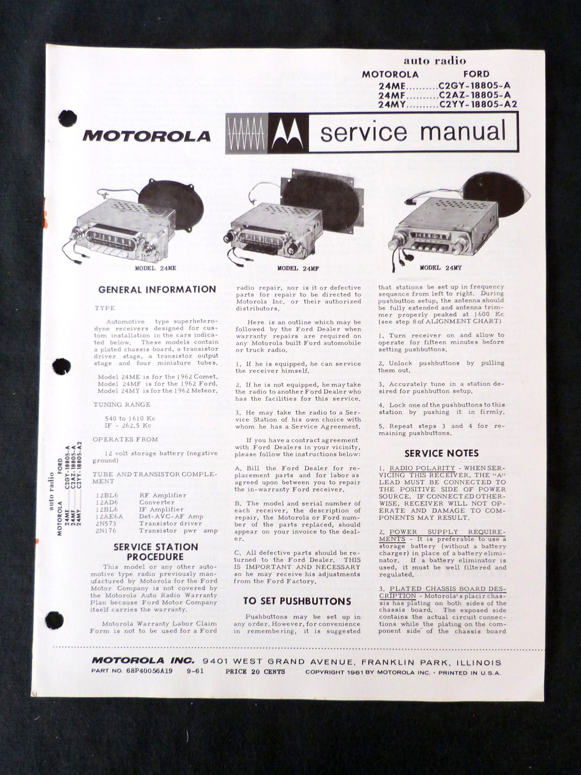 vtg 1962 Motorola Ford, Mercury Comet Meteor Car Radio Service Manual 24ME 24MF