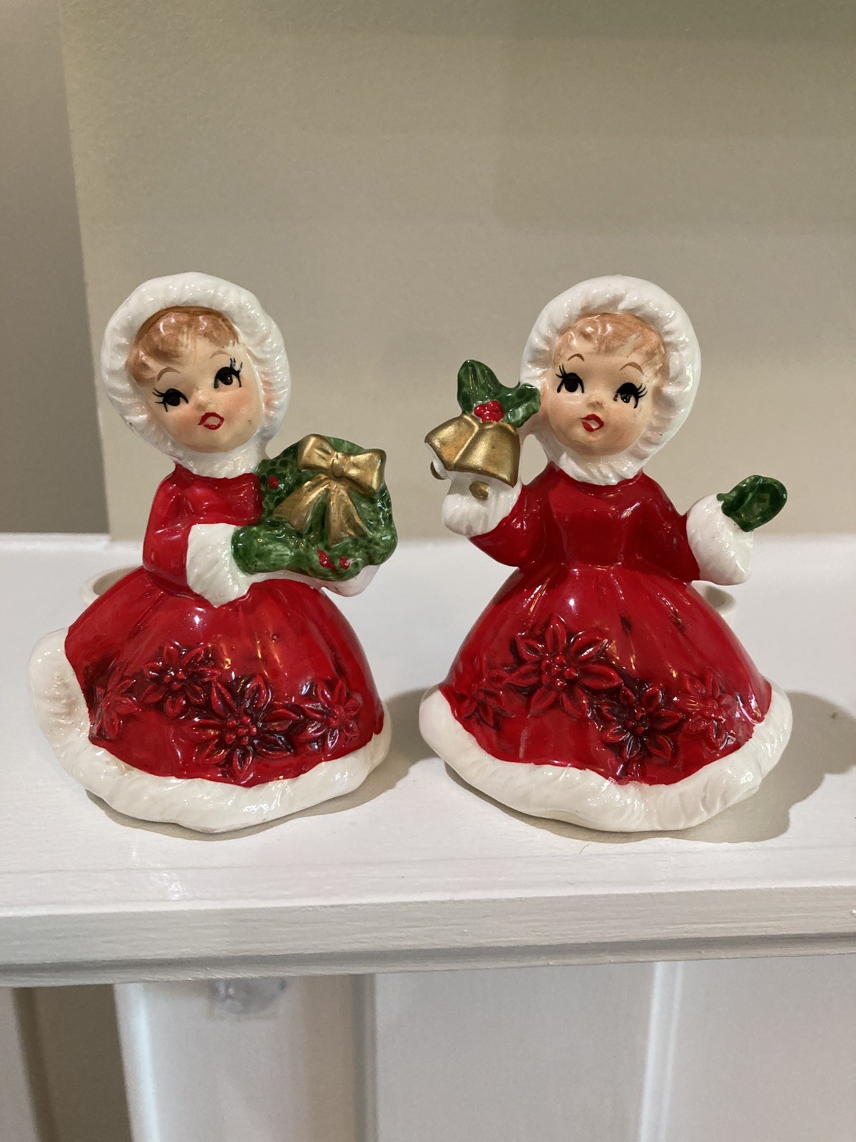 2-  VINTAGE #6854 LEFTON 1950'S CERAMIC GIRL SHOPPERS, RED DRESS, Wreath & Bells