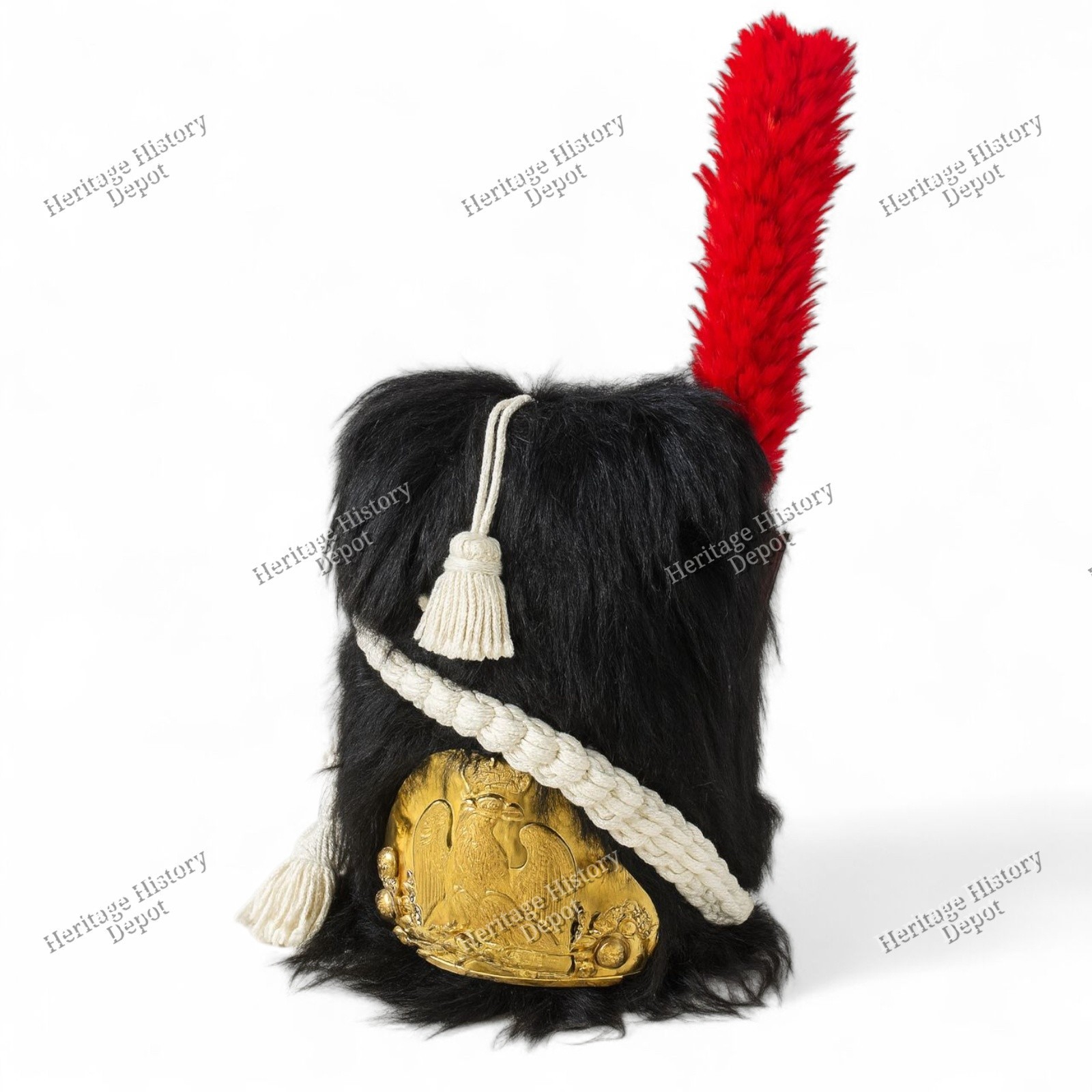 Napoleonic French Imperial Guard Bearskin Shako Hat Replica w/ Red Plume & Brass