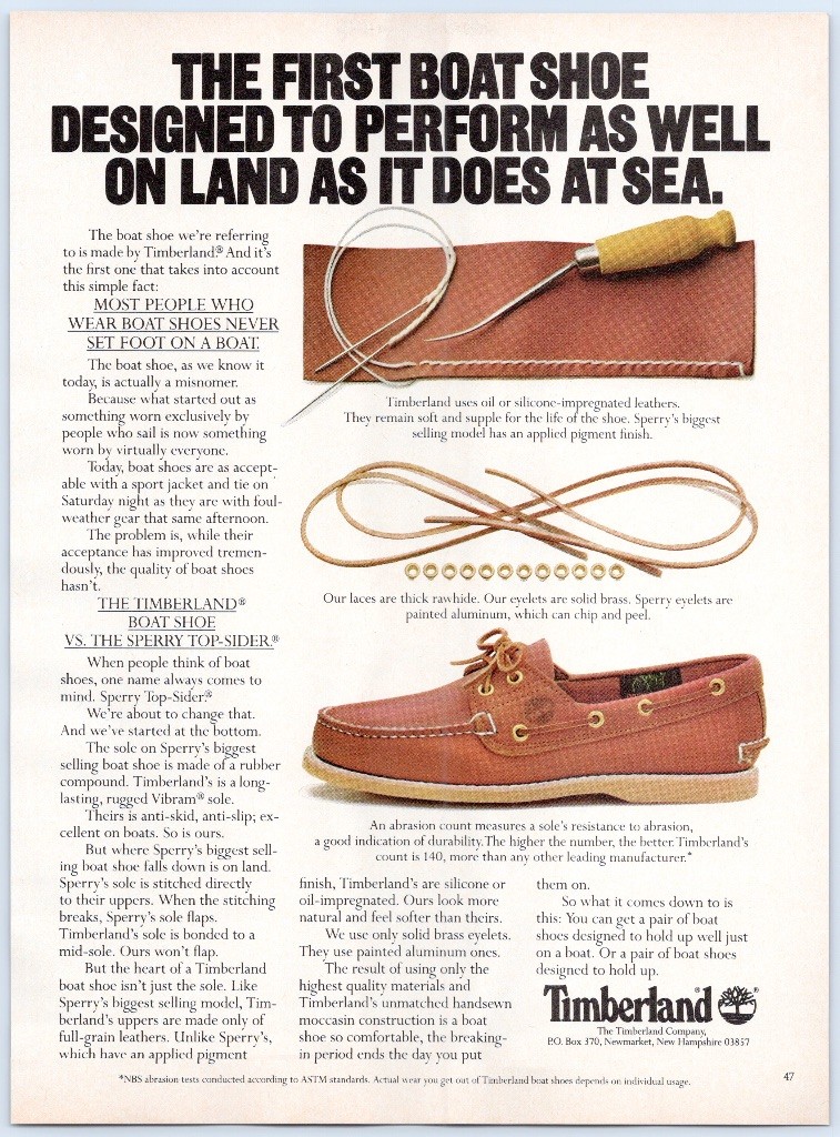 Timberland Boat Shoe First Designed Land Sea Leather Moccasin 1981 Print Ad