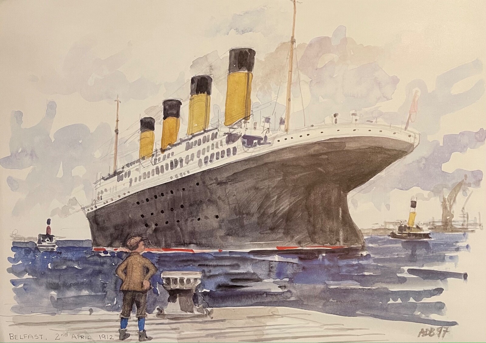 TITANIC WATER COLOR PAINTING SHOWING THE TITANIC IN BELFAST ON APRIL 2ND 1912