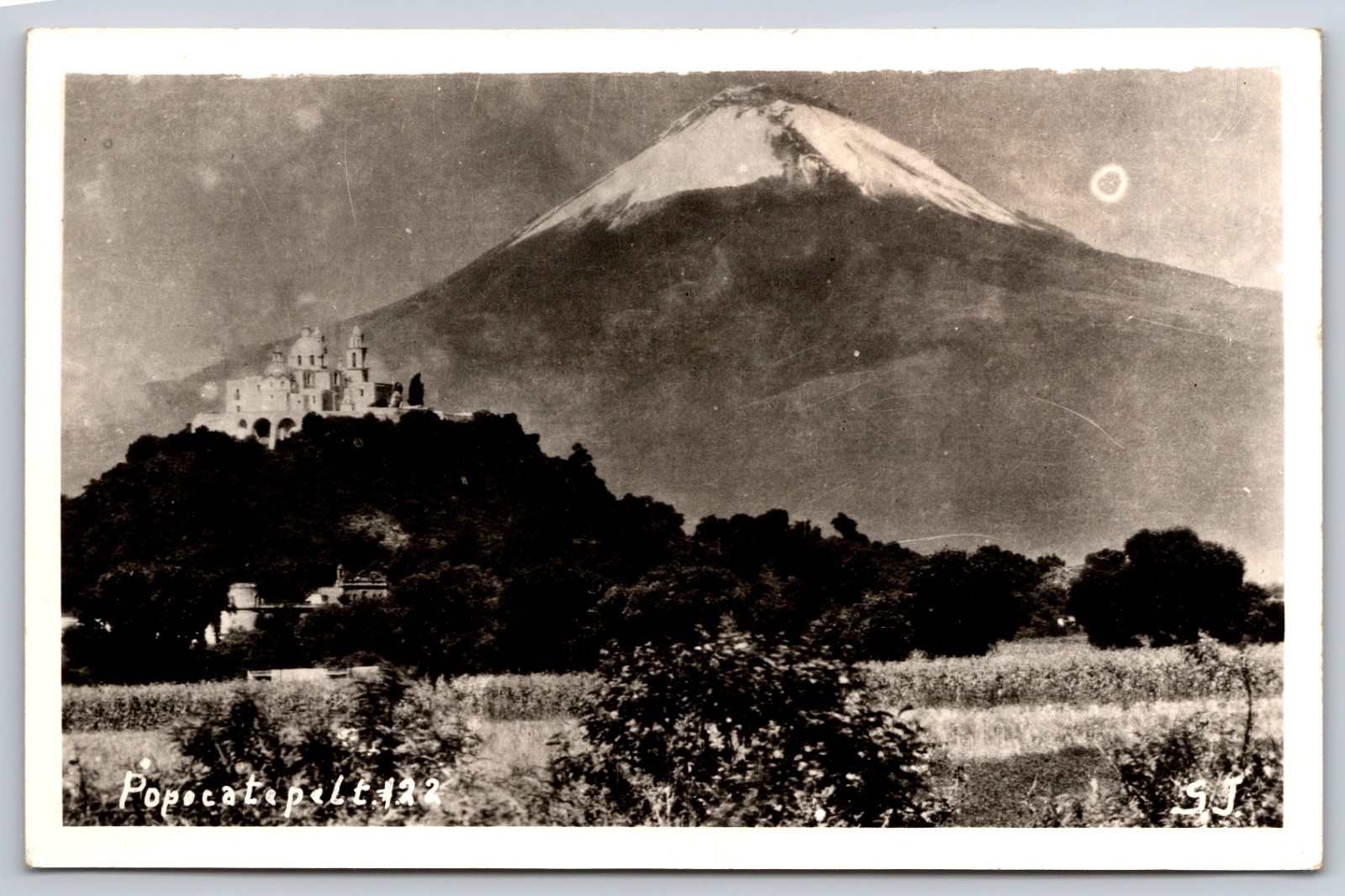 Popocatépetl Volcano & Church on the Great Pyramid of Cholula Puebla Mexico RPPC