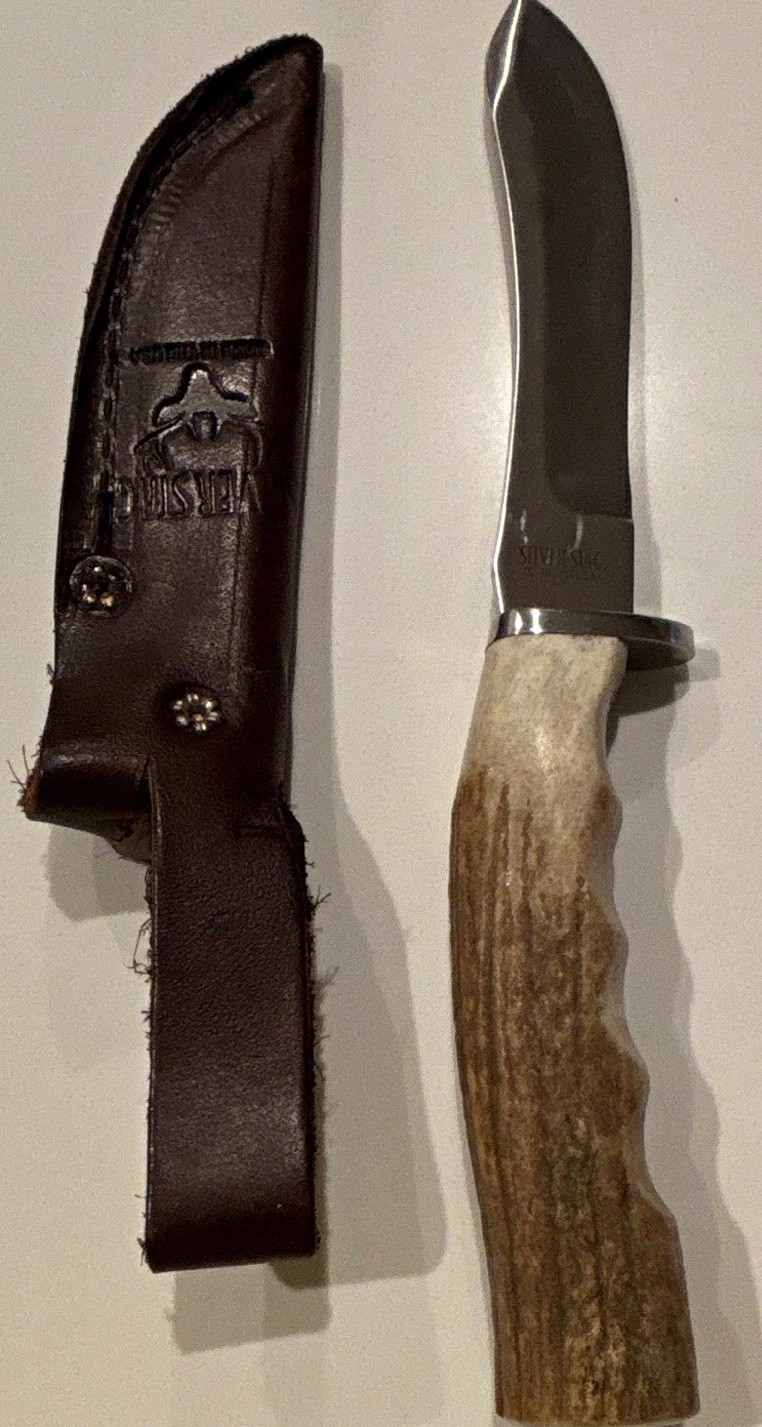 Silver Stag Hunting Fixed Blade Clip Stainless D2 Knife, Stag Handle, Sheath Silver Stag Hunting Fixed Blade Clip Stainless D2 Knife, Stag Handle, Sheath