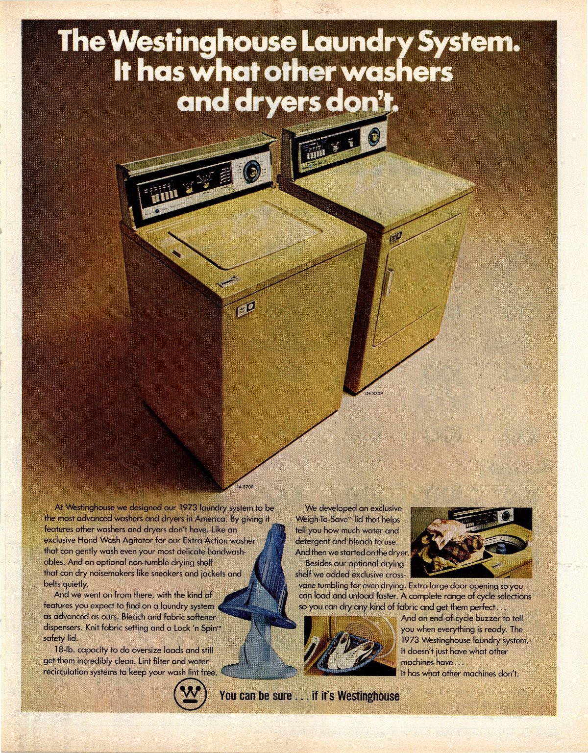 Westinghouse 1973 Laundry System Vintage Magazine Ad Washer Dryer Gold AD086