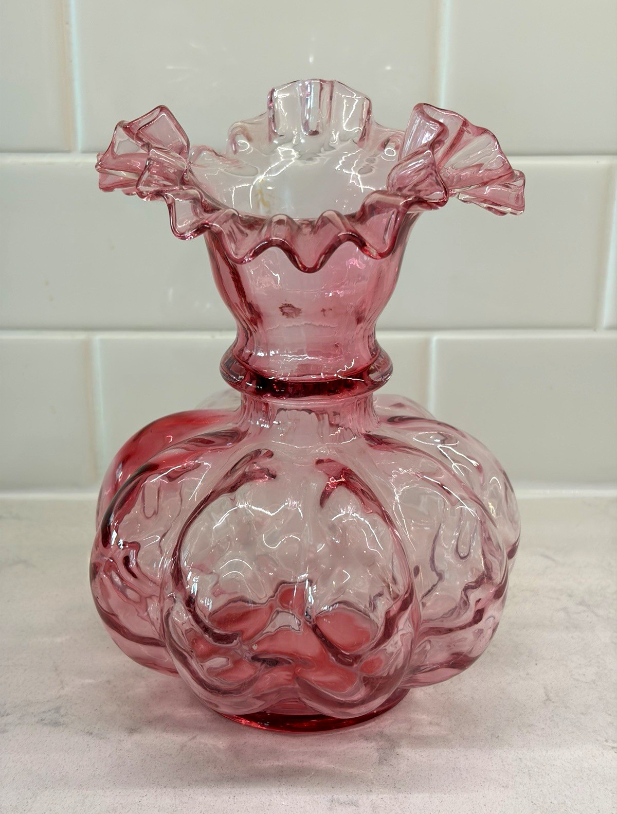 Vintage Fenton Pink Cranberry Glass Large Ruffled Rim Melon Vase, Beautiful 