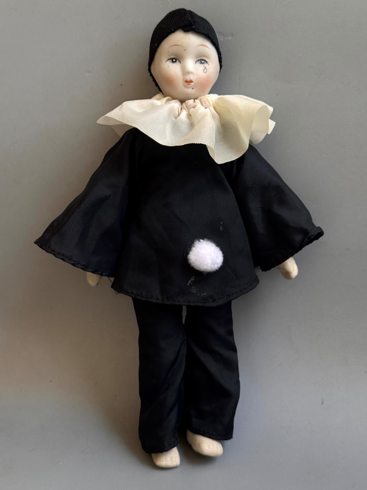Vintage Porcelain Pierrot Doll Black Costume Sad Clown Figurine Collectible