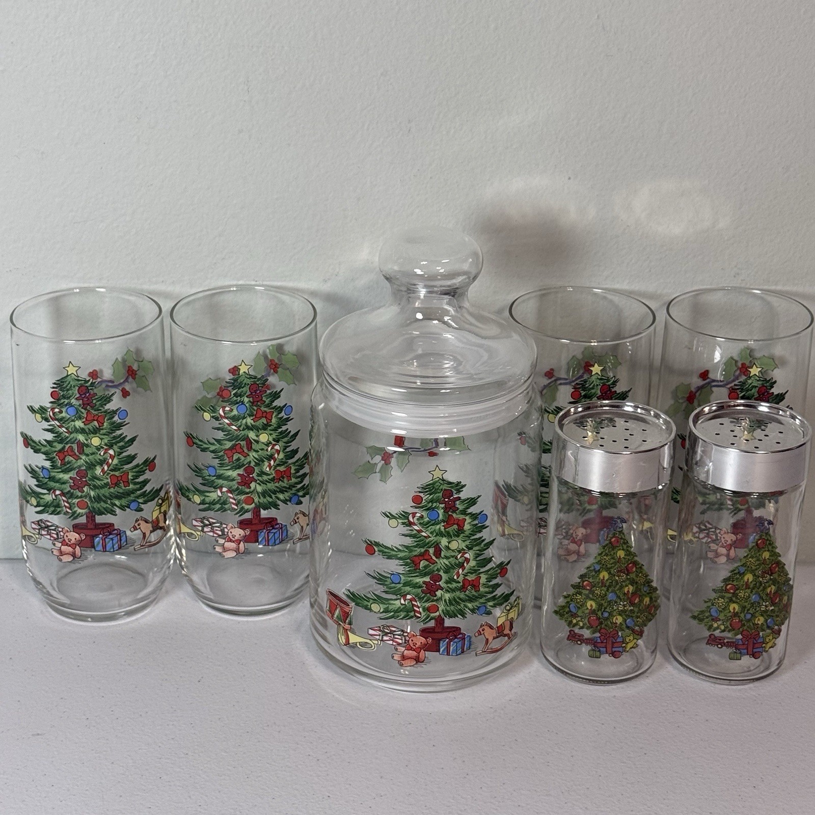Vintage Luminarc Christmas Tree Noel Tumbler Glasses, Cookie Jar, Salt & Pepper