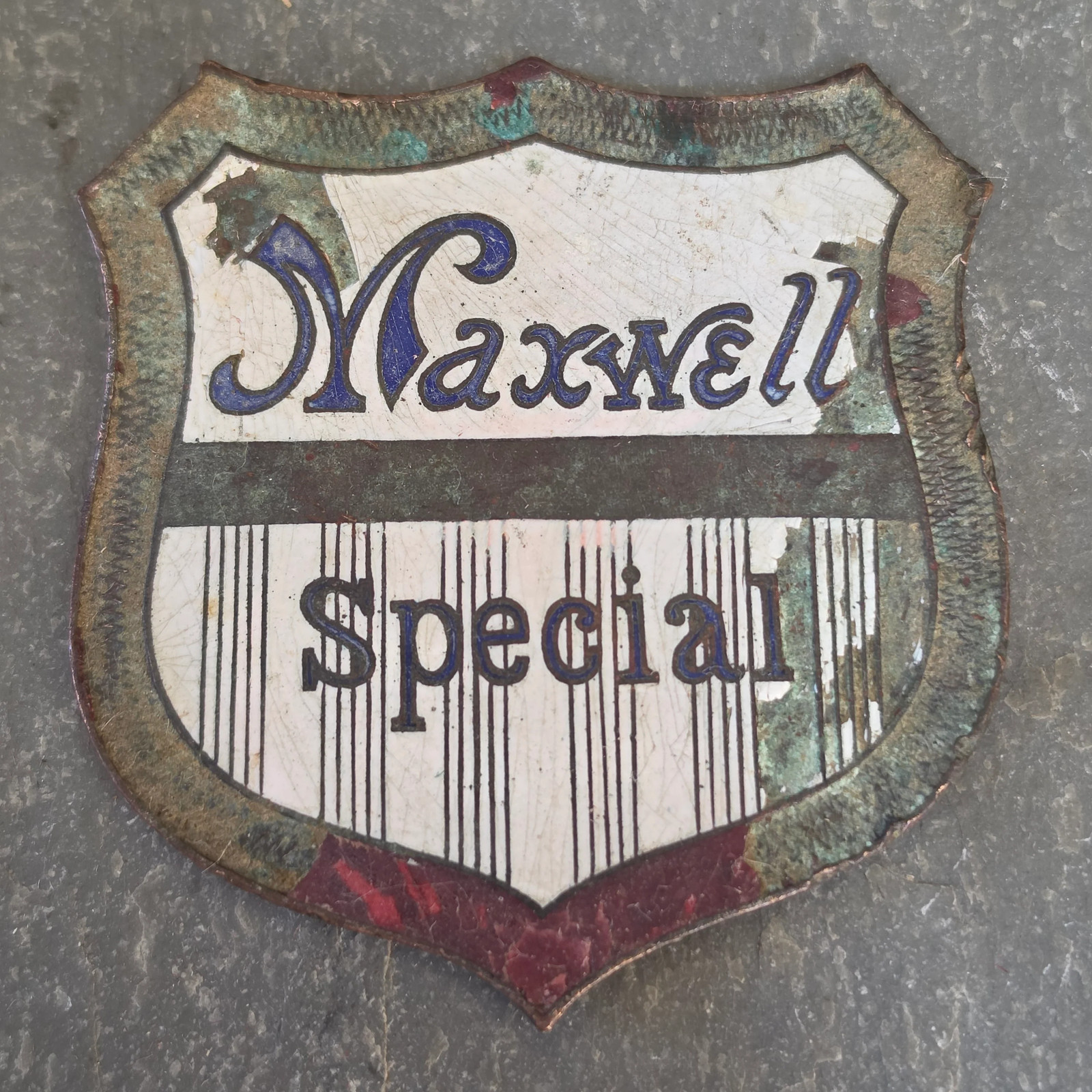 Antique Maxwell Special Radiator Emblem Badge Enamel Brass Era Auto Car Part Antique Maxwell Special Radiator Emblem Badge Enamel Brass Era Auto Car Part