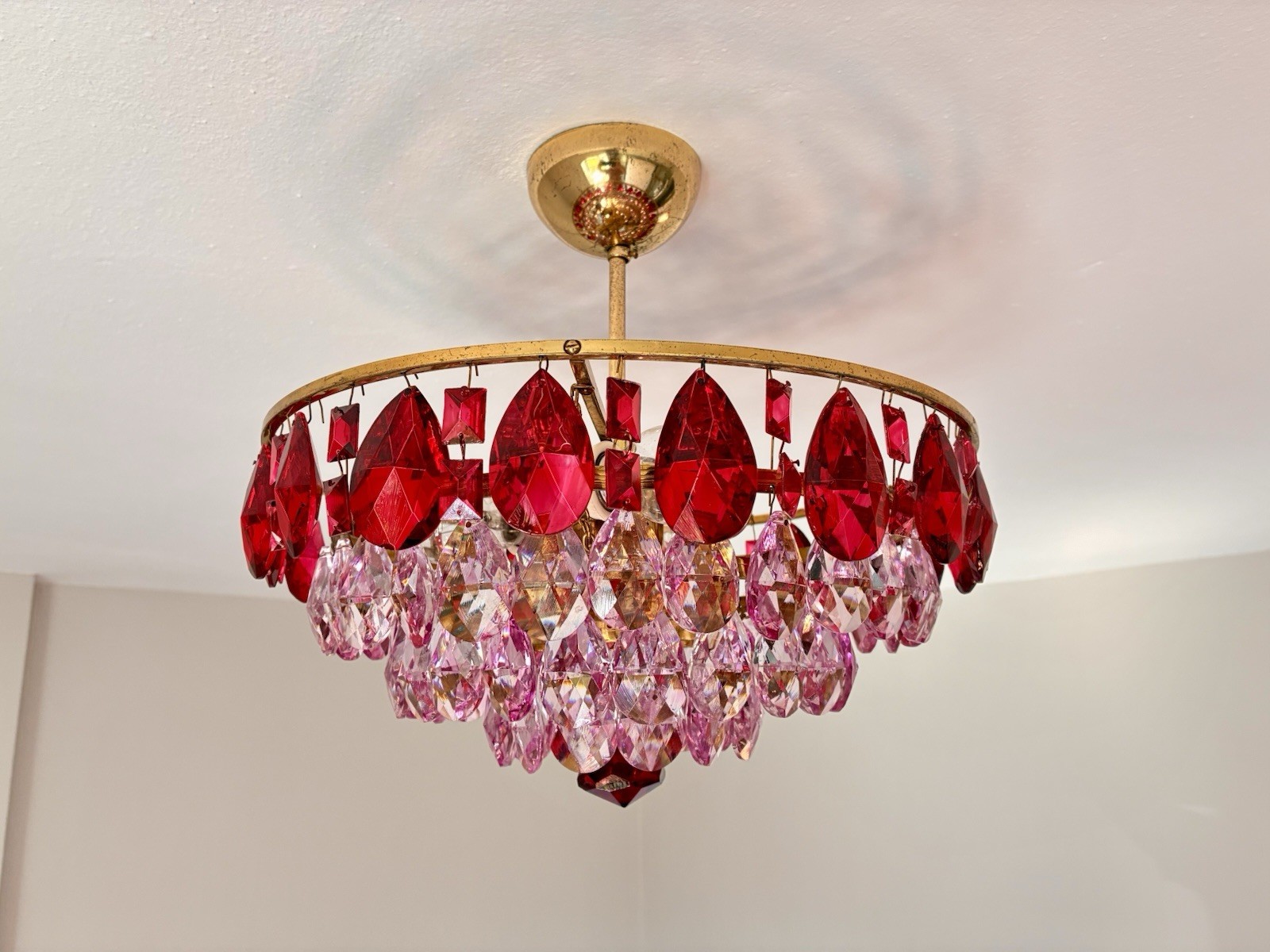 Antique Chandelier Hand Painted Pink And Red Crystal 3 Bulb French Empire Light