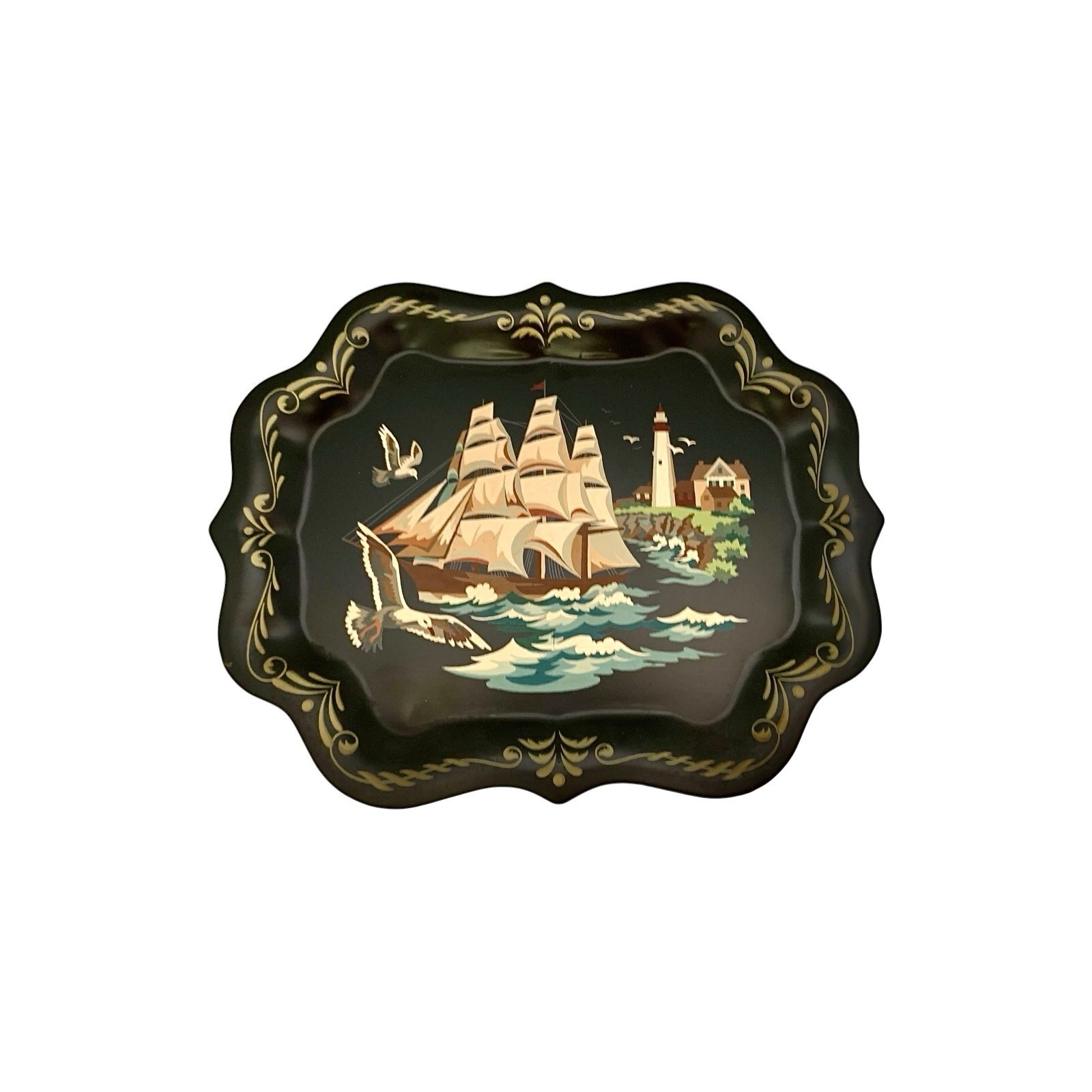 Vintage Hand Painted Metal Tole Tray, Nautical Clipper Ship & Lighthouse Coastal