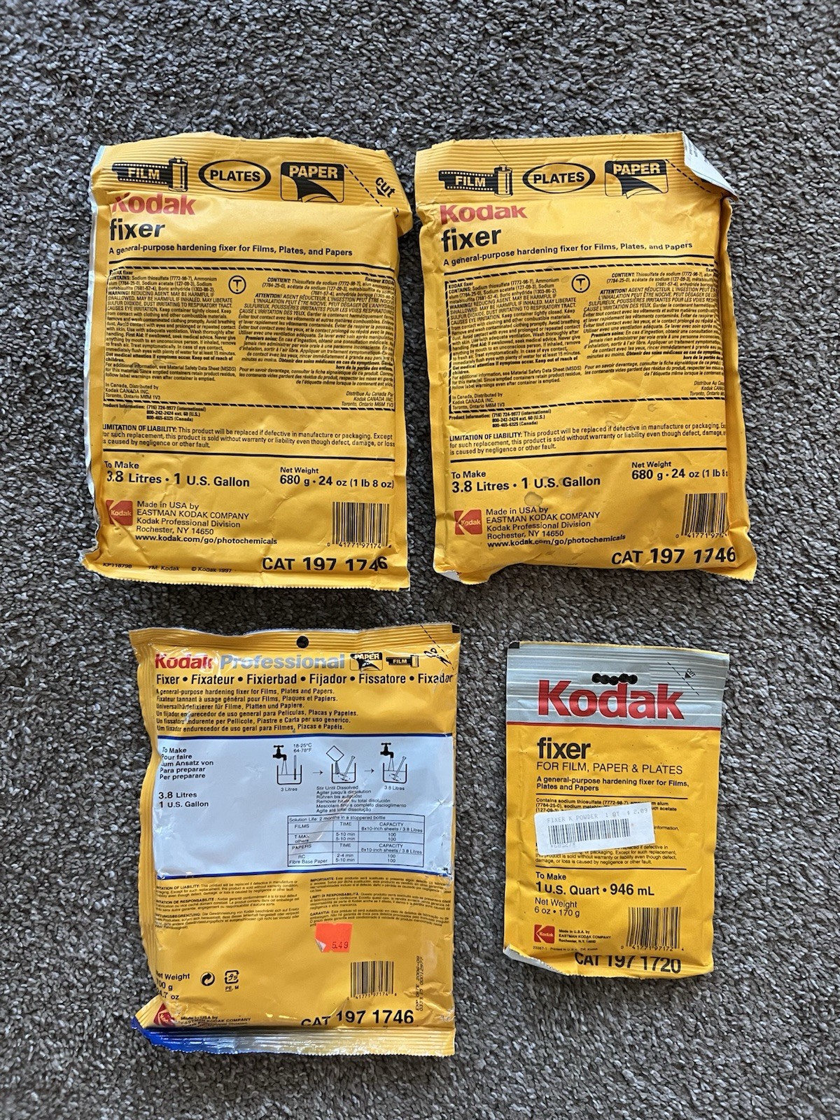 Lot of 4 Vintage Kodak Fixer Powder Packets (3) 1 Gallon + (1) 1 Quart Packets 
