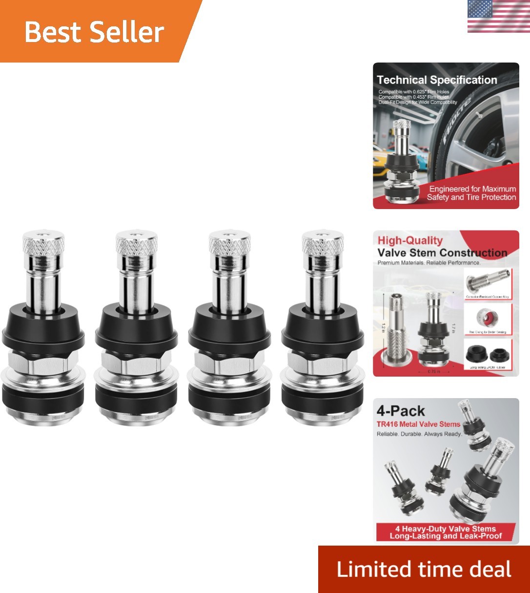 TR416 Metal Tire Valve Stems 4 Pack for Tubeless Tires Fits 0.453 0.625 HolesRms