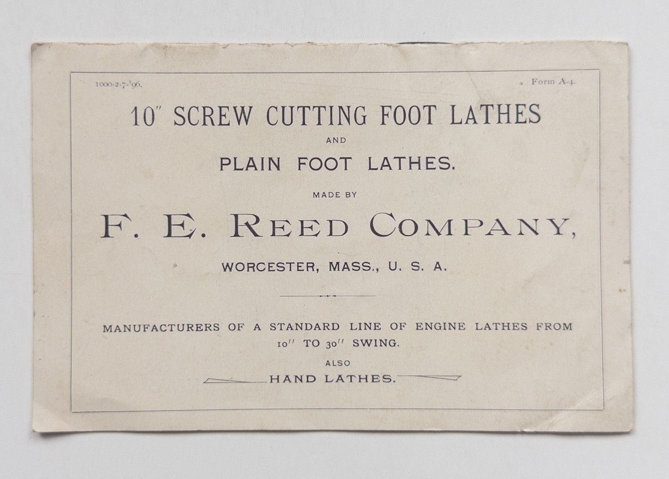 Antique 1896 F.E. Reed Co Worcester Mass Foot Lathe Machine Tool Catalog Manual