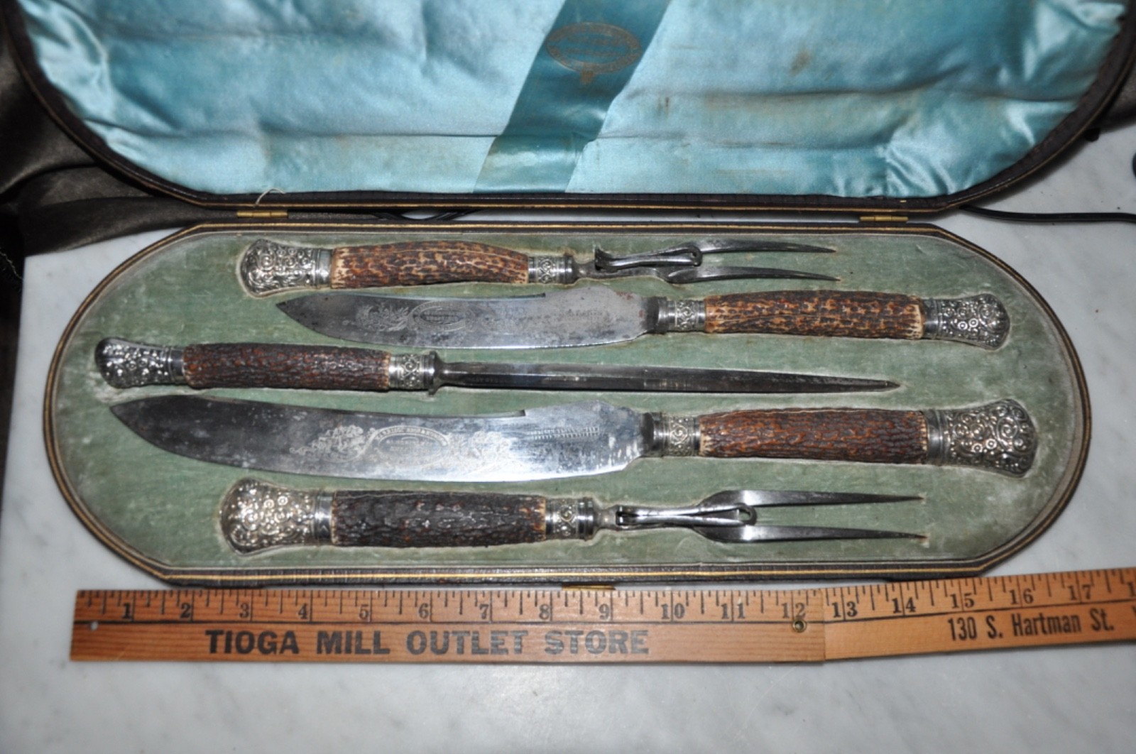 Vtg Harrison Bros & Howson Sheffield Carving Set Stag Horn  READ LOOK CAREFULLY