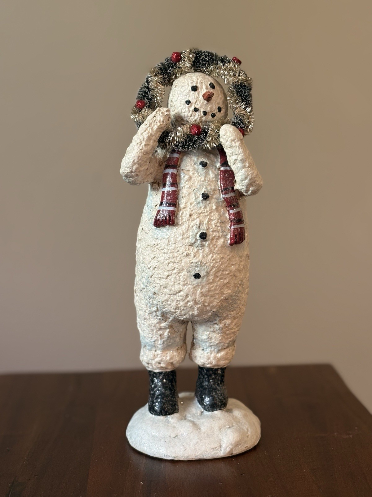 CODY FOSTER Folk Art Snowman w Bottle Brush Wreath Paper Mâché 11 Inch CODY FOSTER Folk Art Snowman w Bottle Brush Wreath Paper Mâché 11 Inch