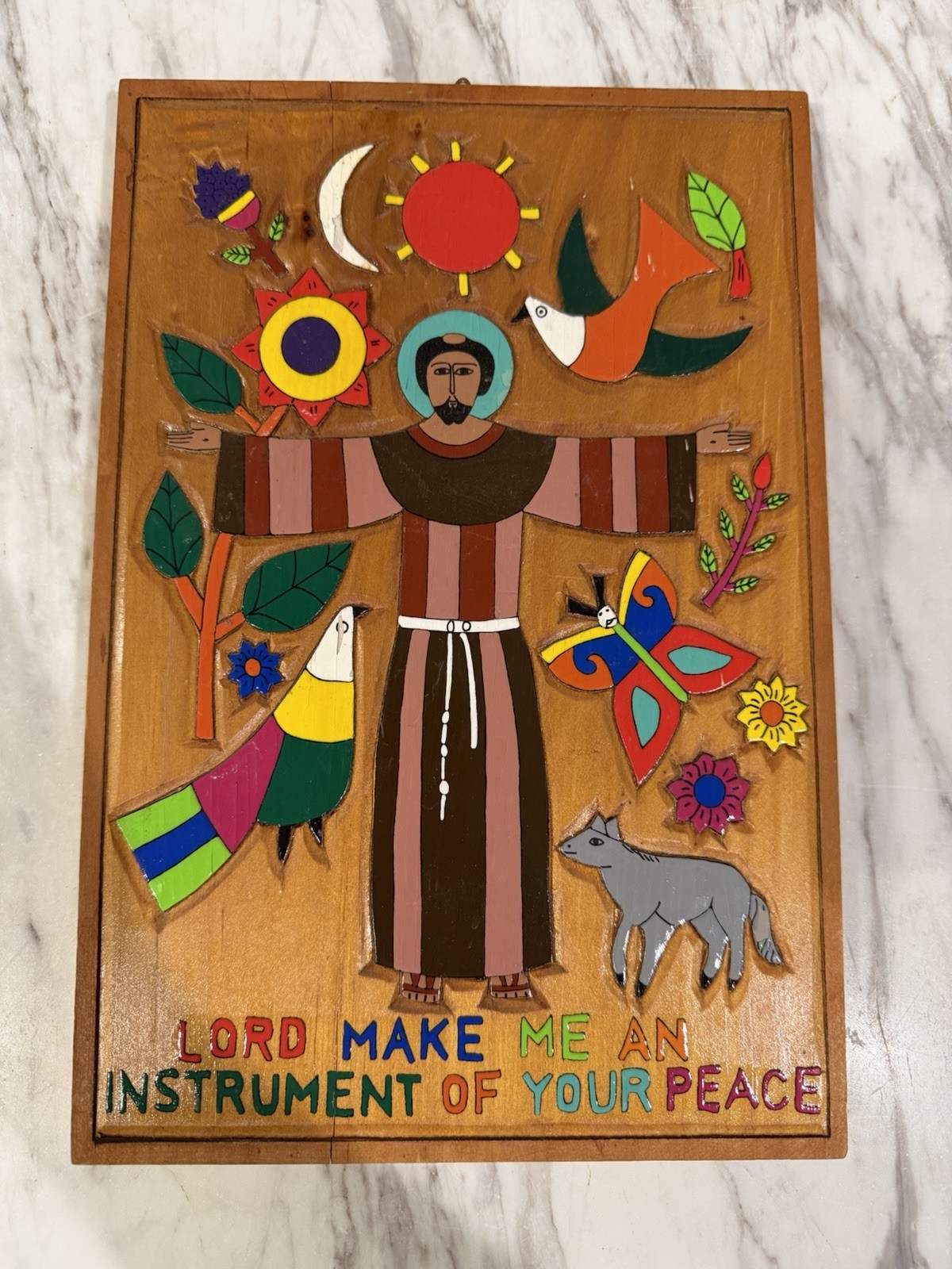 Vintage El Salvador St Francis Wood Folk Art Plaque La Palma Style 7.75 x 11.5”