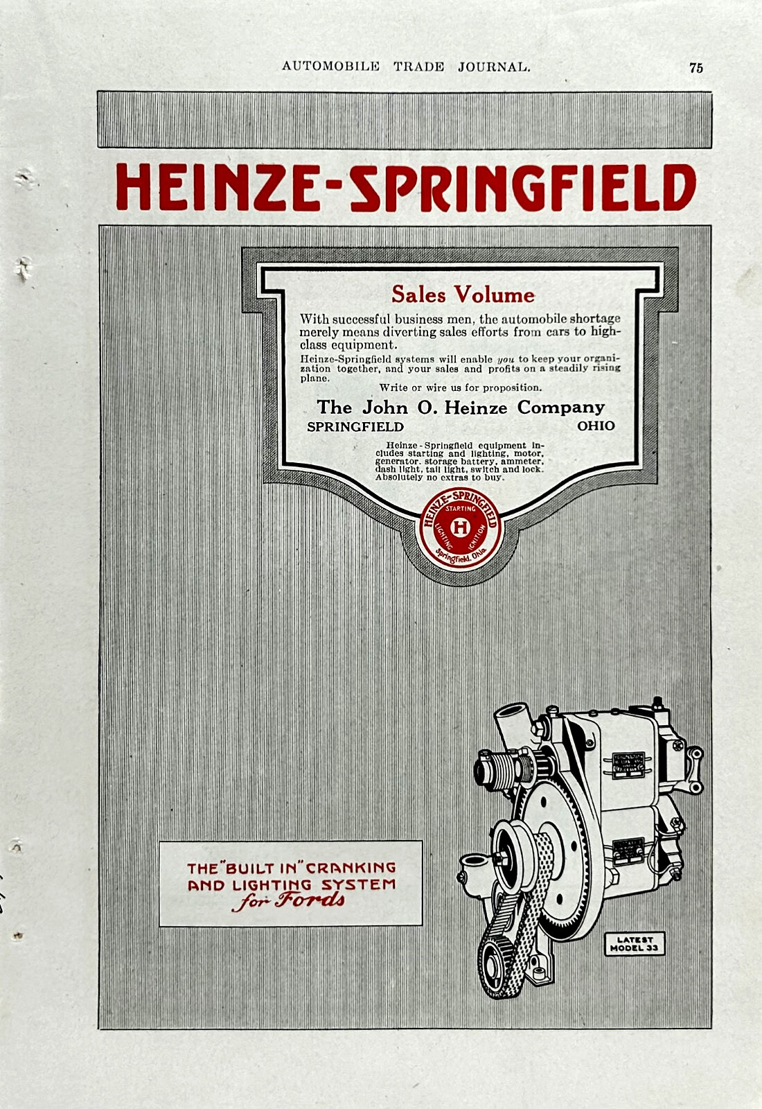 1918 Ad John O. Heinze Co Springfield OH Built In Cranking & Lighting For Fords