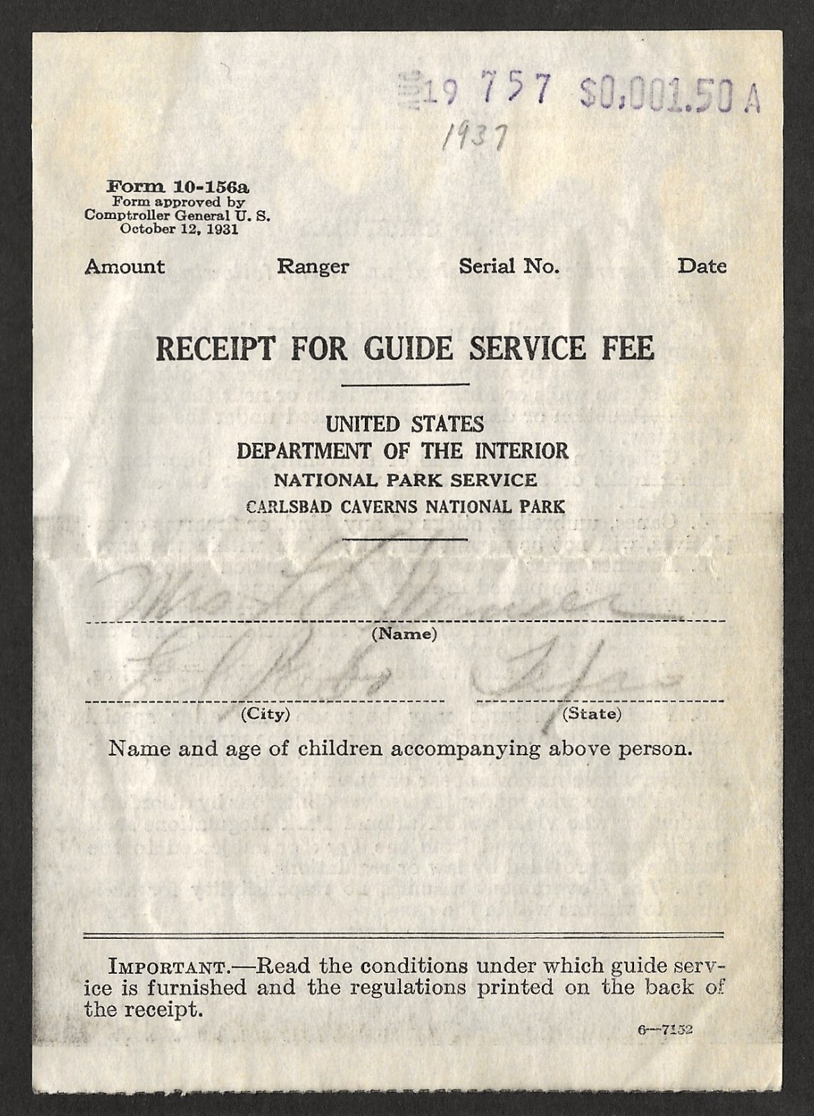 1937 Carlsbad Caverns National Park Receipt for Guide Service with Child