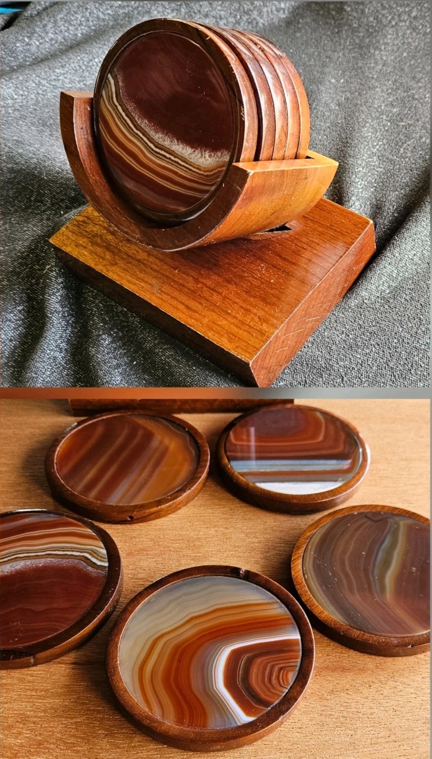 MCM Vintage Brazilian Agate Exotic Wood Framed 5x Coasters & Cradle Set 3.5