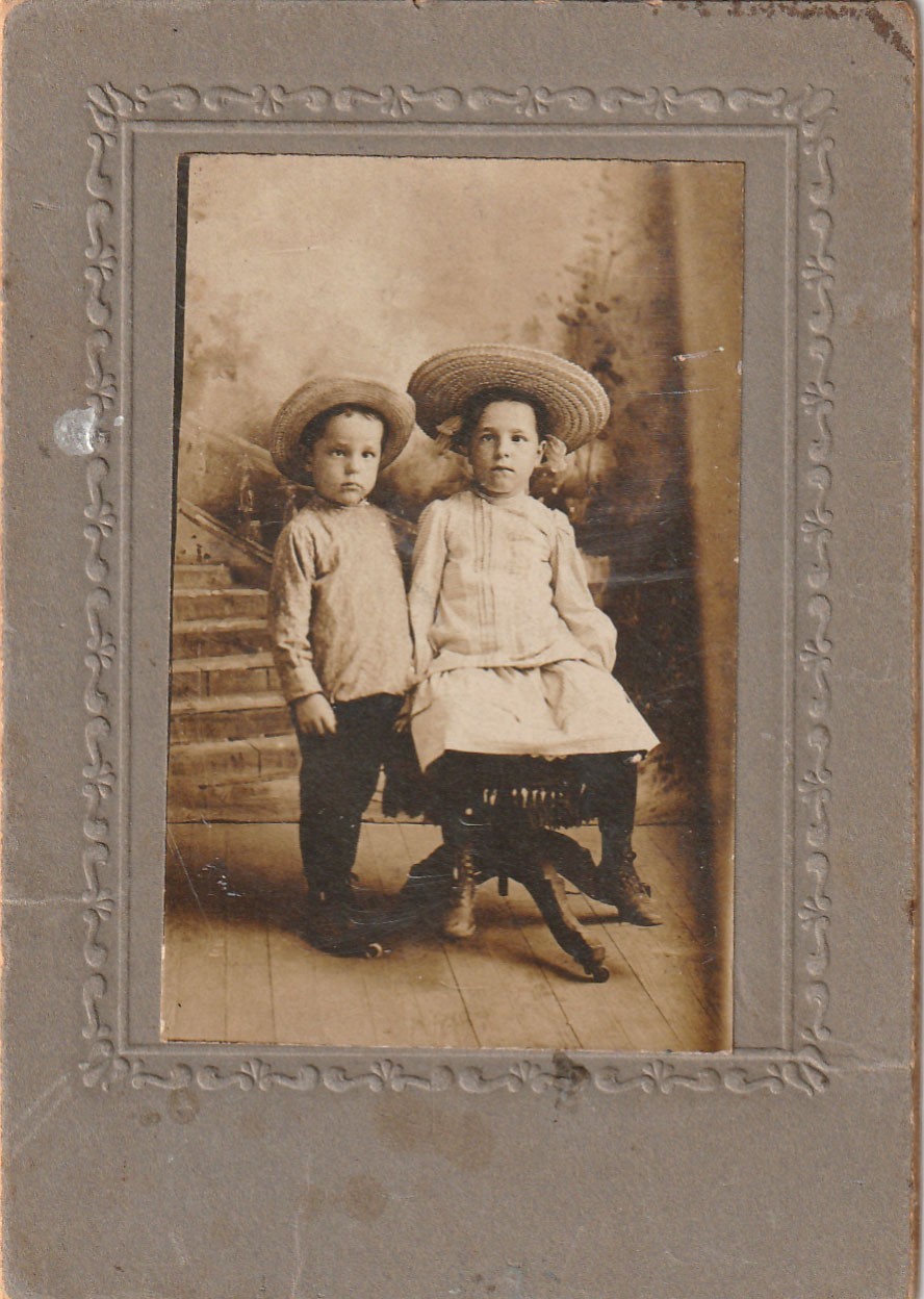 Antique Photo Victorian Children Studio Portrait Brother Sister Straw Hats Sepia