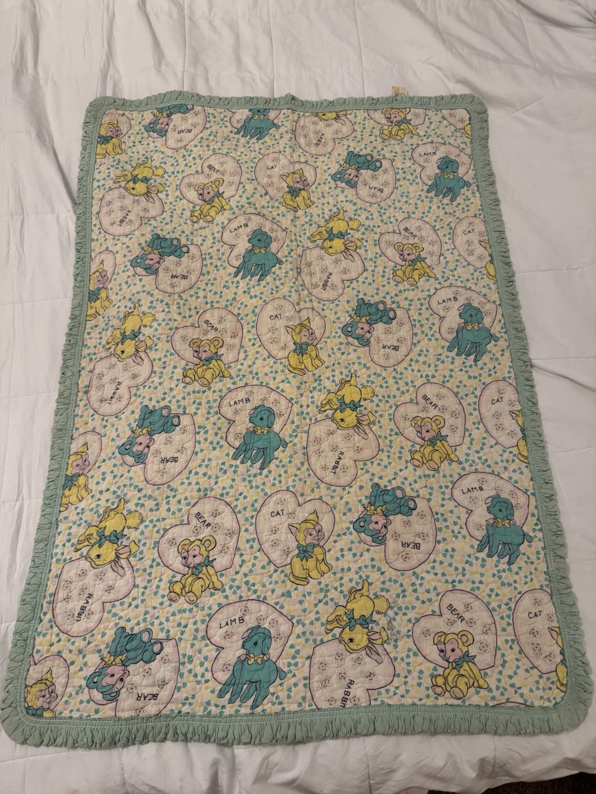 Vintage Qultex Baby Quilt – Retro Nursery Animals – Rabbit Bear Cat Lamb 31”×44”