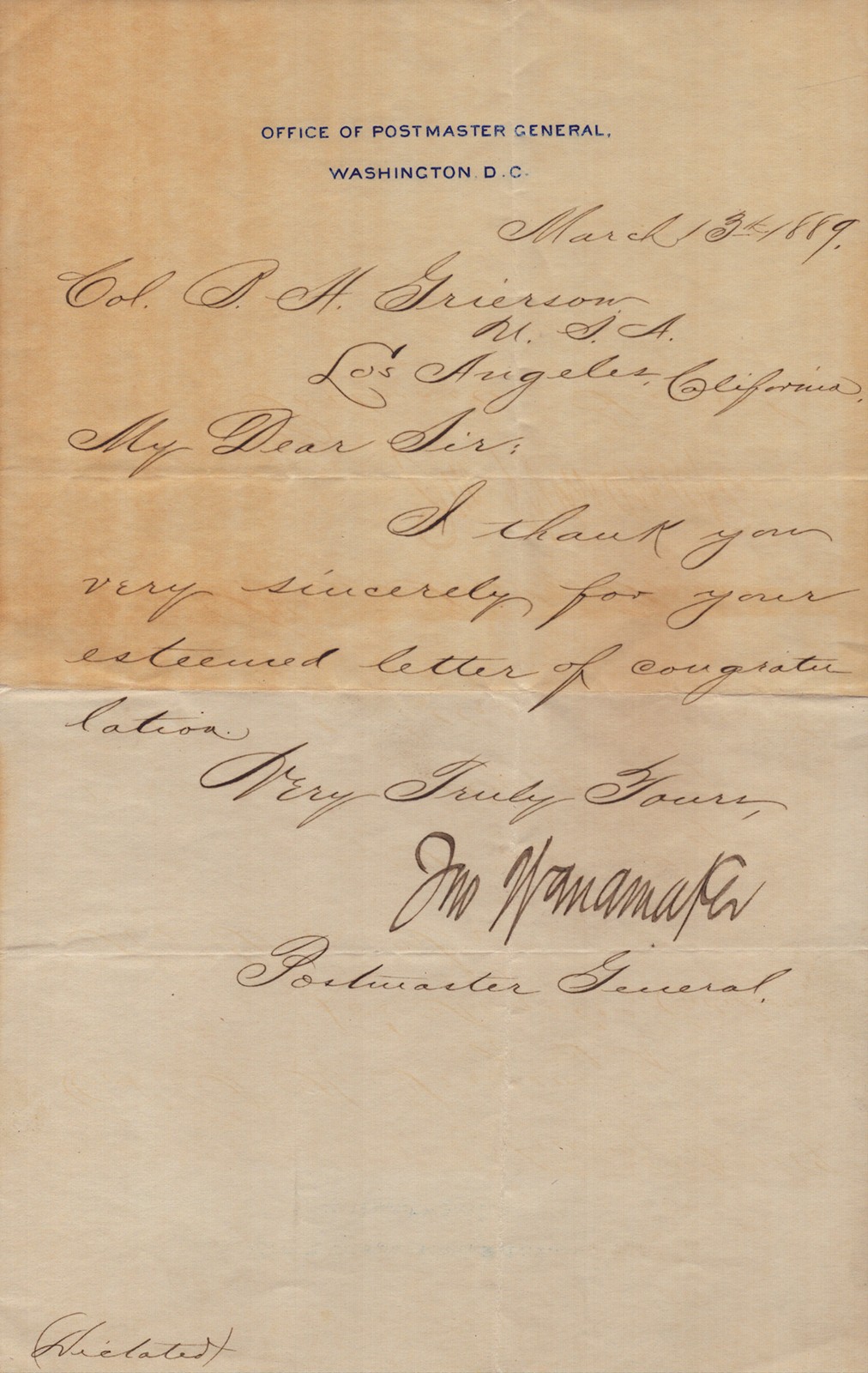 JOHN WANAMAKER - MANUSCRIPT LETTER SIGNED 03/13/1889
