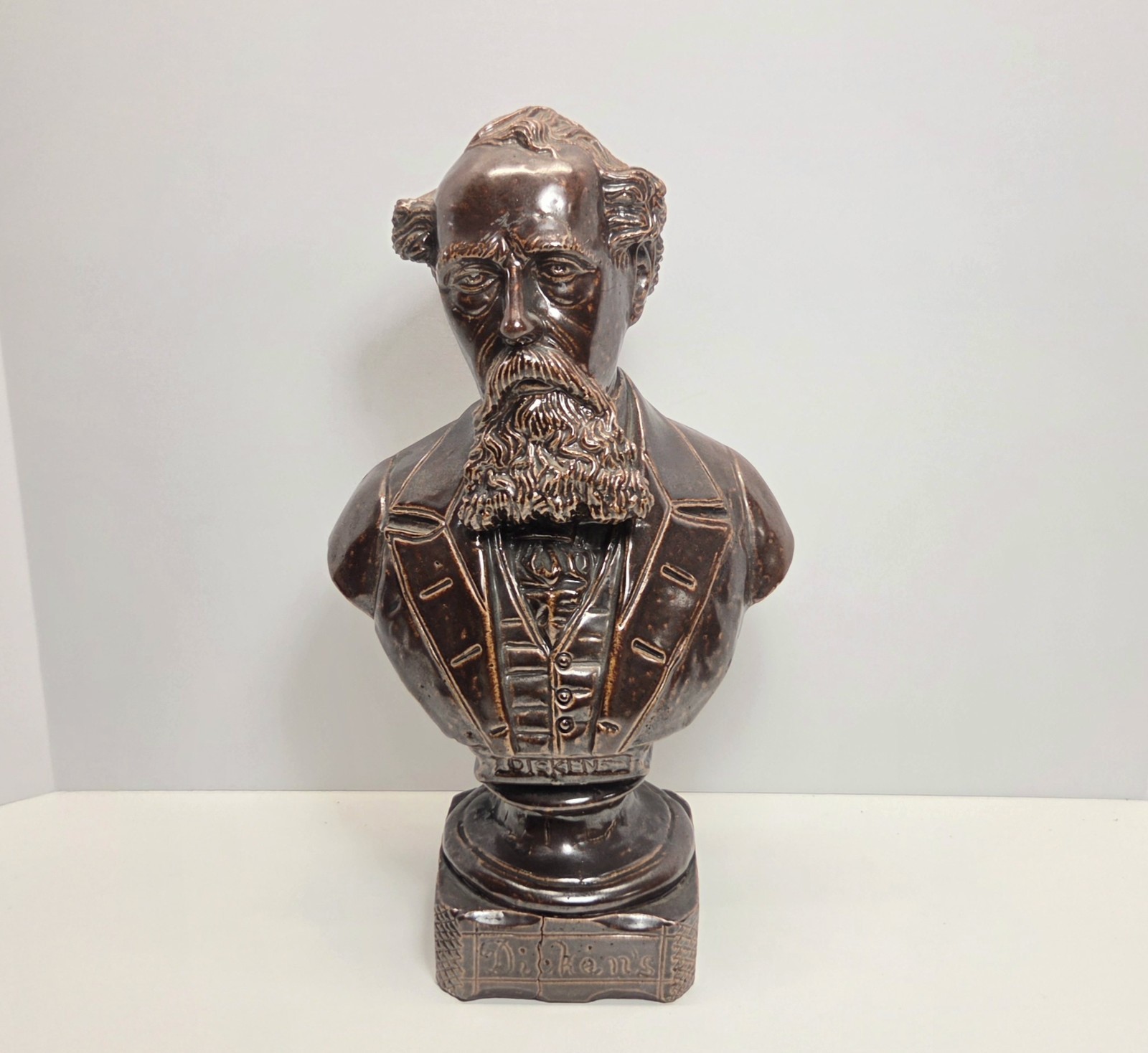 Vintage 19th Century Charles Dickens Terracotta Clay Glazed Bust Sculpture 