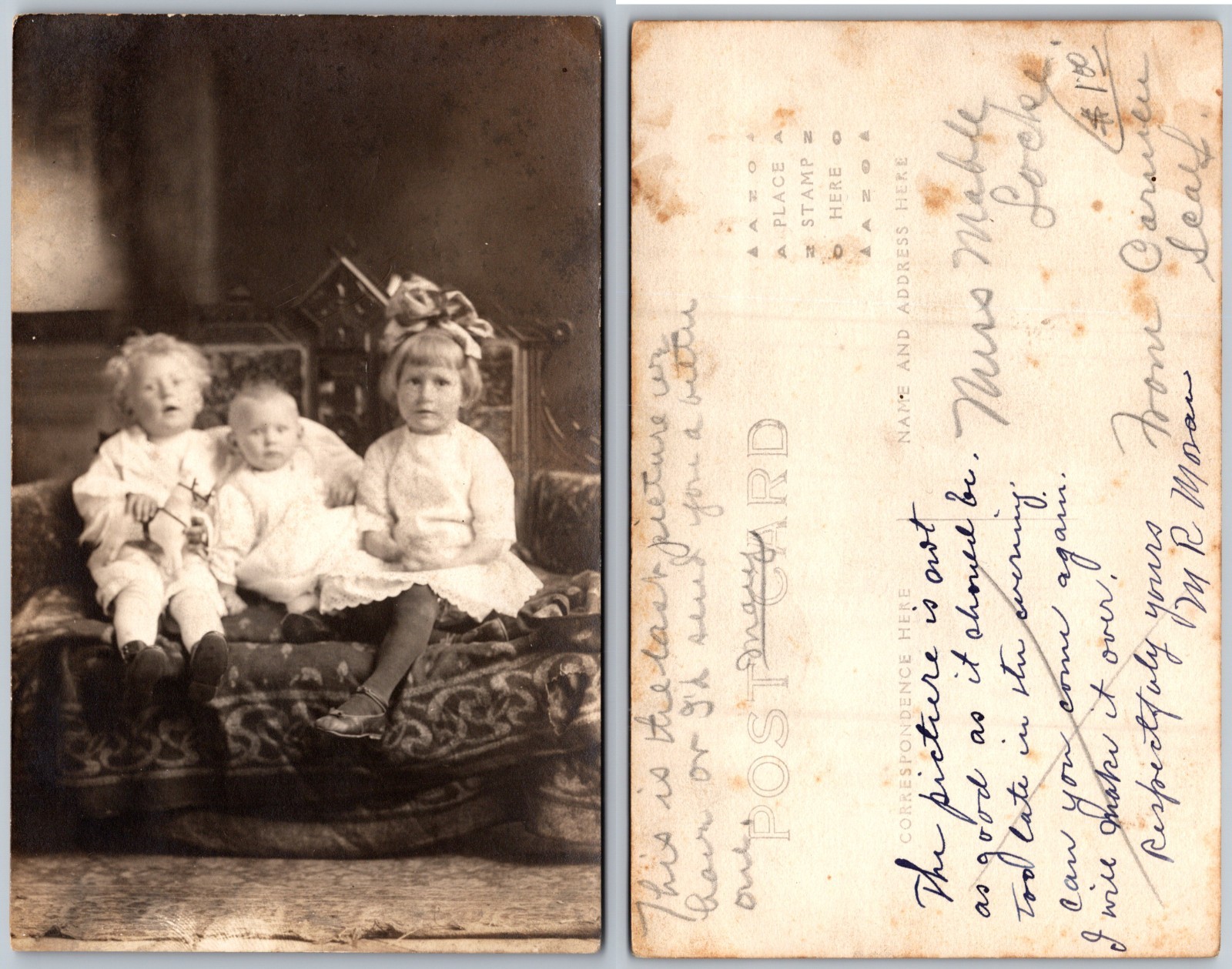 RPPC Three Children On Sofa Photo Postcard