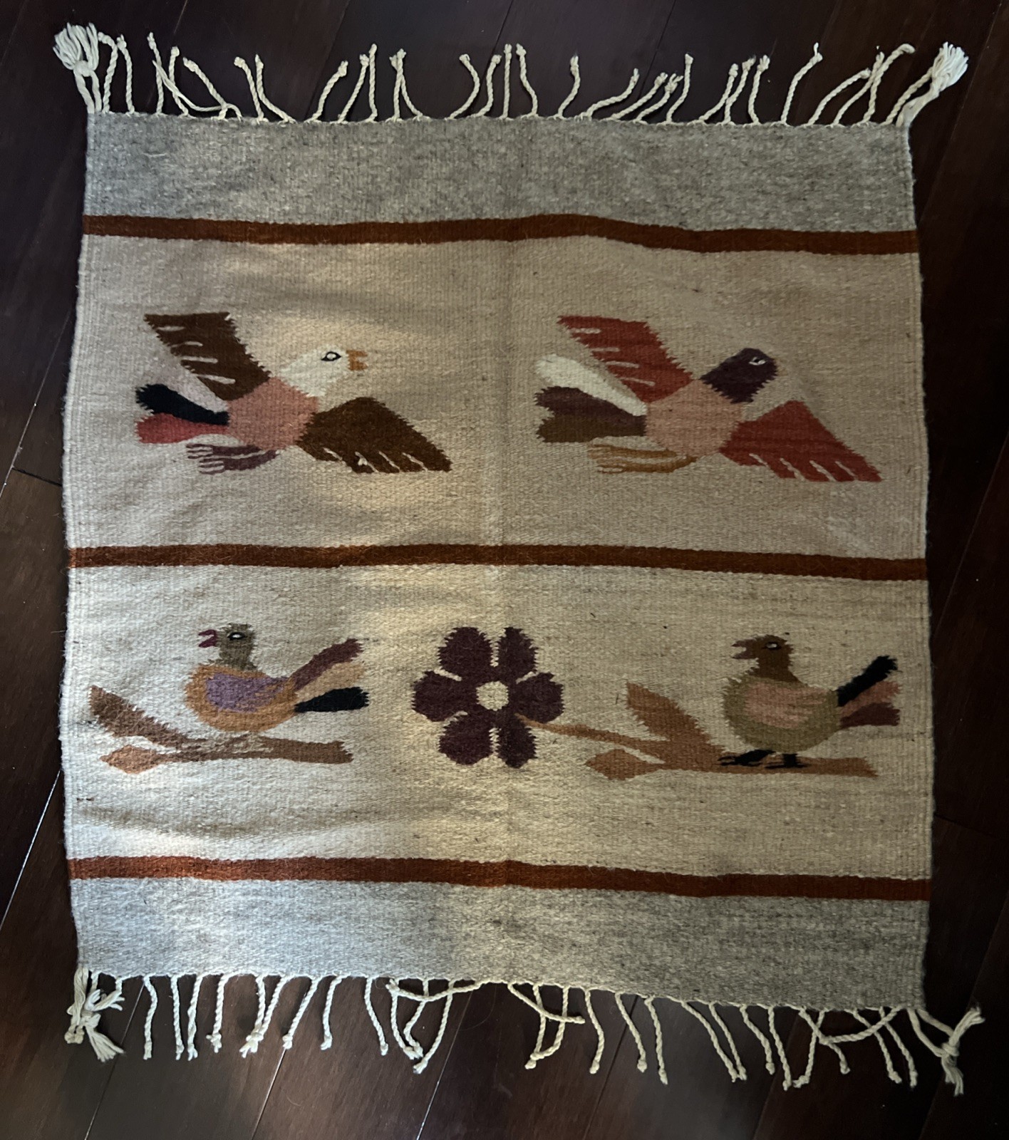 VTG Southwestern Handwoven Wool Tapestry Pictorial Birds Rug Wall Hanging Boho