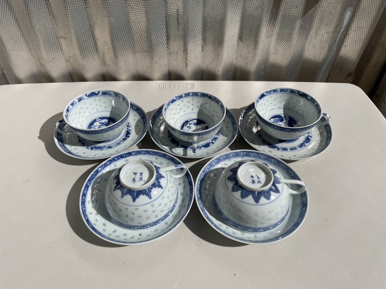 5 Sets Antique Tea Cups Saucers Chinese Kangxi Qing Rice Grain Porcelain Blu Wht 5 Sets Antique Tea Cups Saucers Chinese Kangxi Qing Rice Grain Porcelain Blu Wht