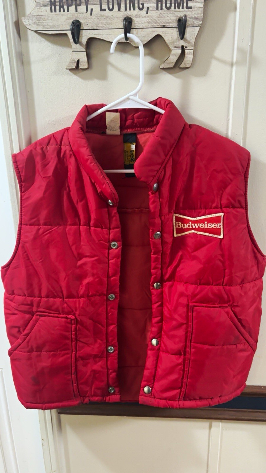 Budweiser Red Quilted Puffer Vest Snap Front Logo Patch Breweriana