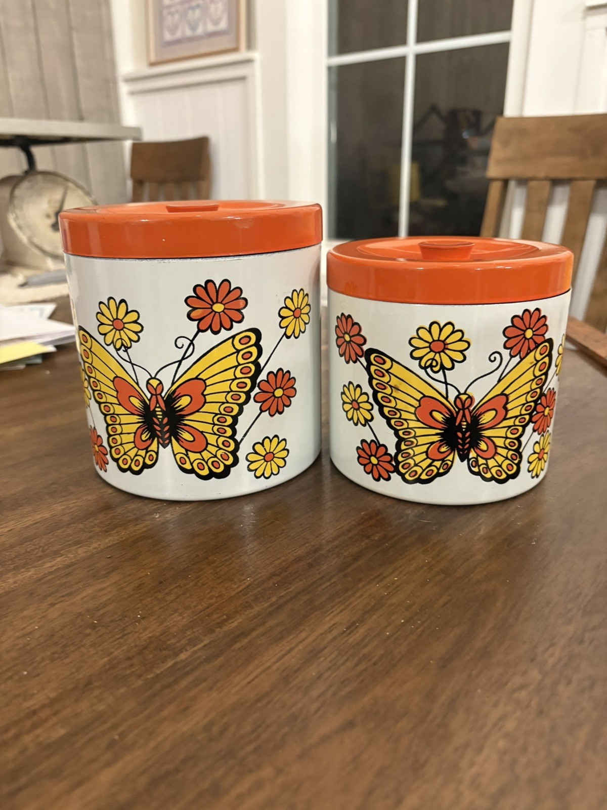 Vintage HTF Butterfly Flower Canister Plastic Lacquer 60s 70s Orange Yellow 2 pc Vintage HTF Butterfly Flower Canister Plastic Lacquer 60s 70s Orange Yellow 2 pc