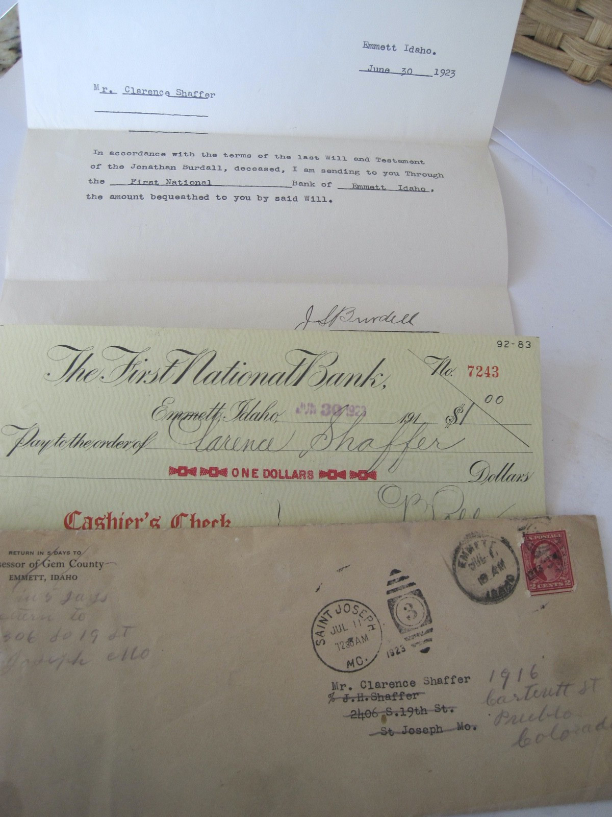 Check For $1.00 Last Will & Testament Emmett Idaho Letter Check Envelope 1923