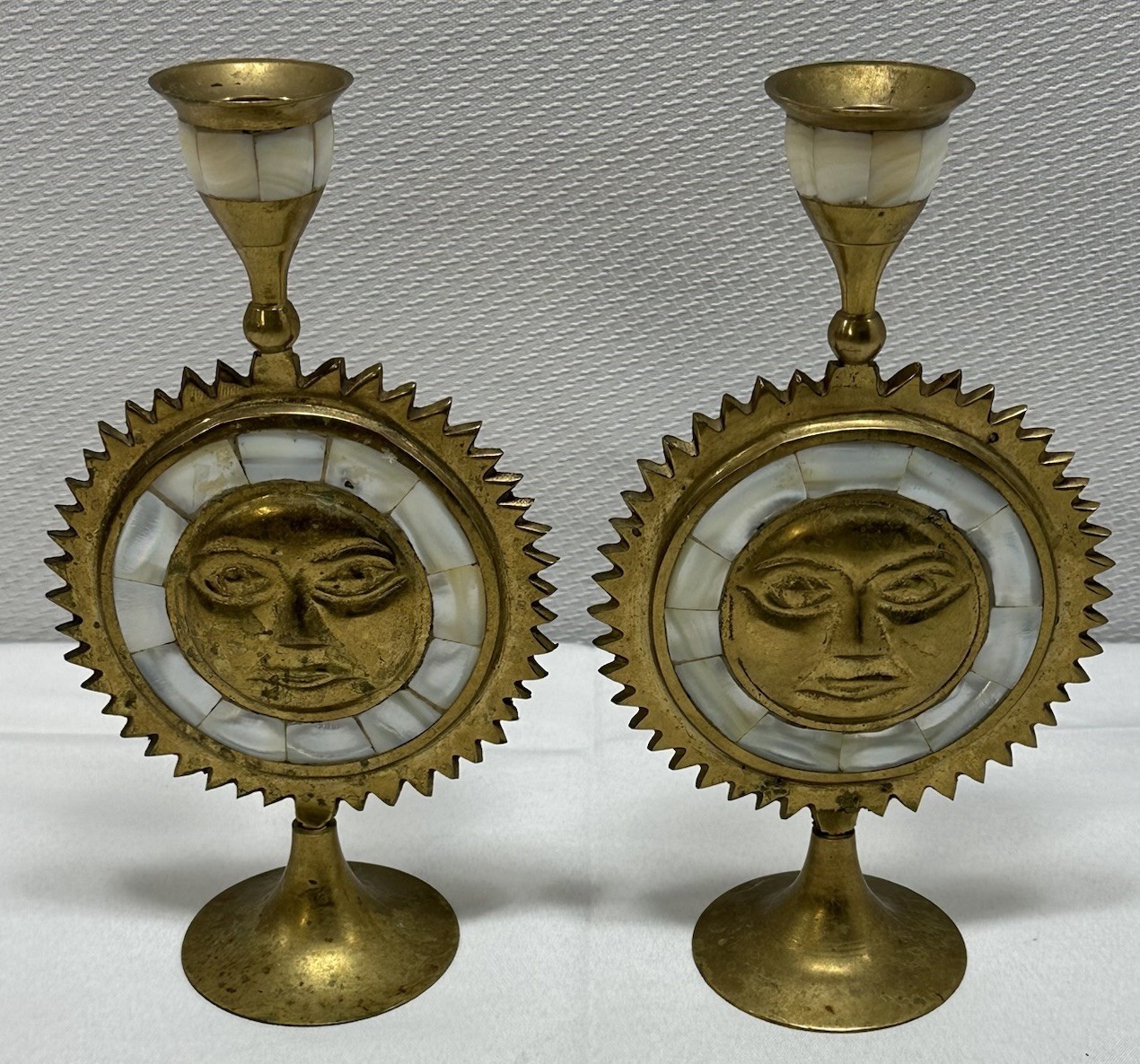 VTG (2) Sun Brass & Mother of Pearl Celestial Candle Holder Candlestick 7.5” VTG (2) Sun Brass & Mother of Pearl Celestial Candle Holder Candlestick 7.5”