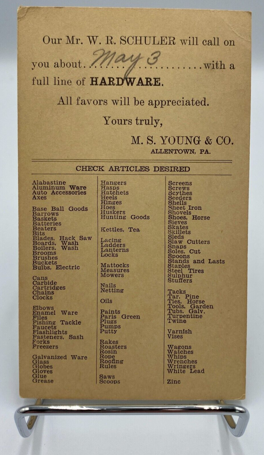 Vtg c.1930\'s-1940\'s M.S. Young & Hardware Co. Advertisement Postcard Vtg c.1930\'s-1940\'s M.S. Young & Hardware Co. Advertisement Postcard