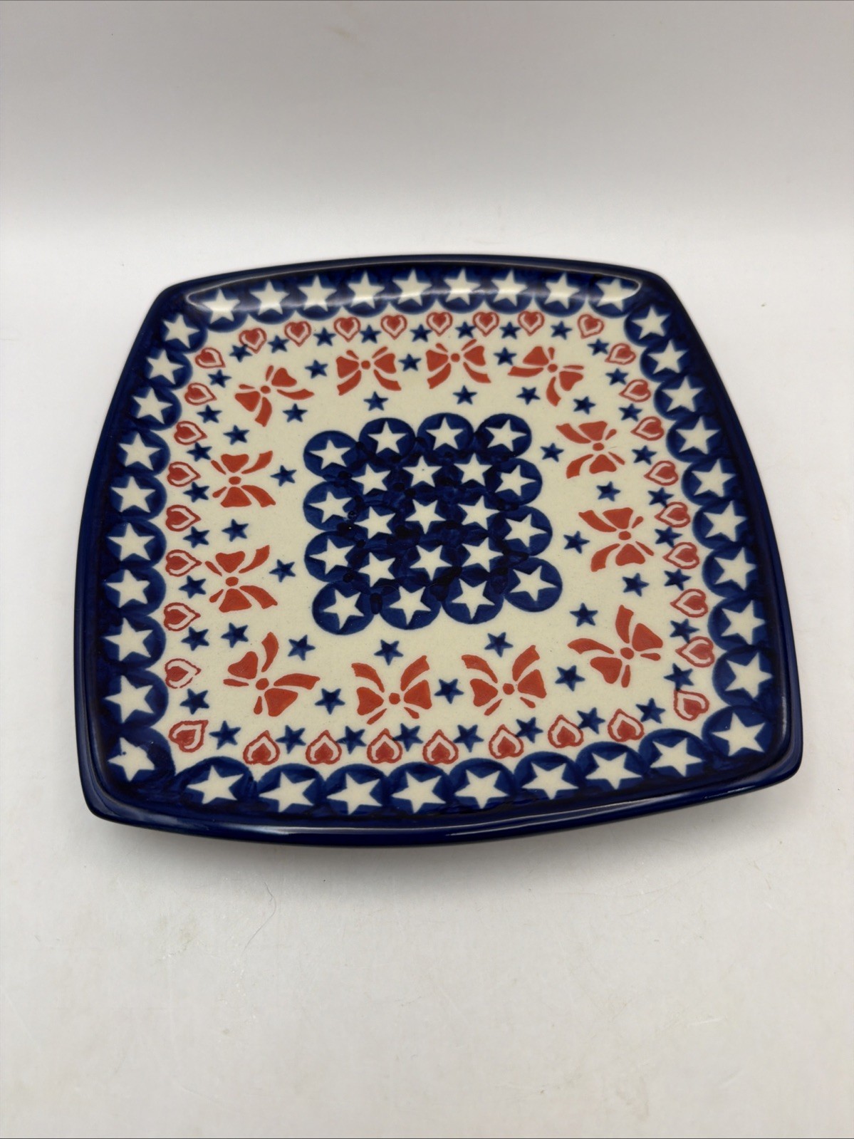 Kalich Polish Pottery Plate Boleslawiec Square 7” Blue Red Heart Bow Ties