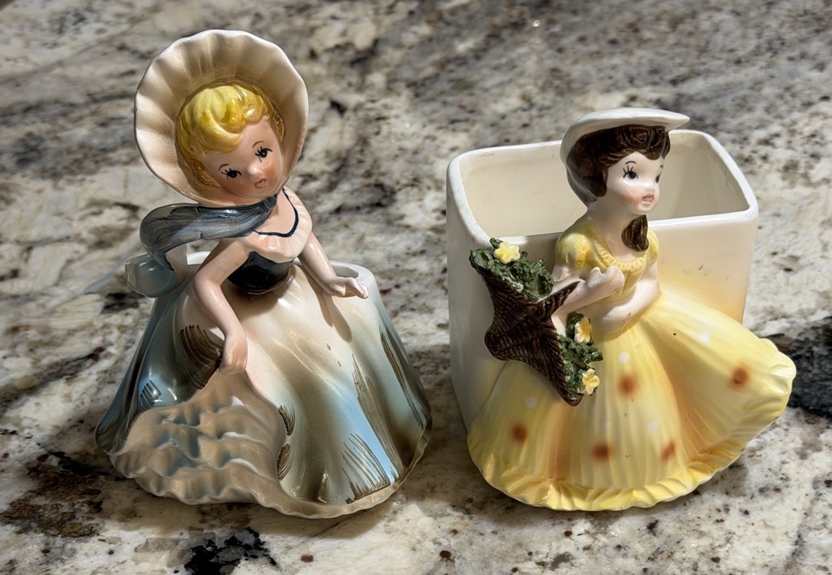 2  Napco  Napcoware Lady In Blue Dress & Lady In Yellow Dress Planters