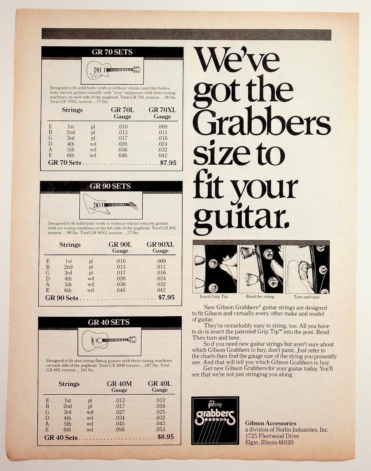 Vintage Gibson Grabbers Guitar Strings Ad Magazine Page Norlin Elgin IL Music Vintage Gibson Grabbers Guitar Strings Ad Magazine Page Norlin Elgin IL Music