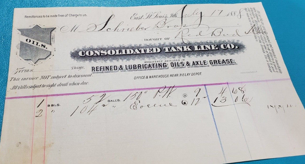 Antique Ephemera Letterhead Billhead East  ST Louis Consolidated Tank Line  1888