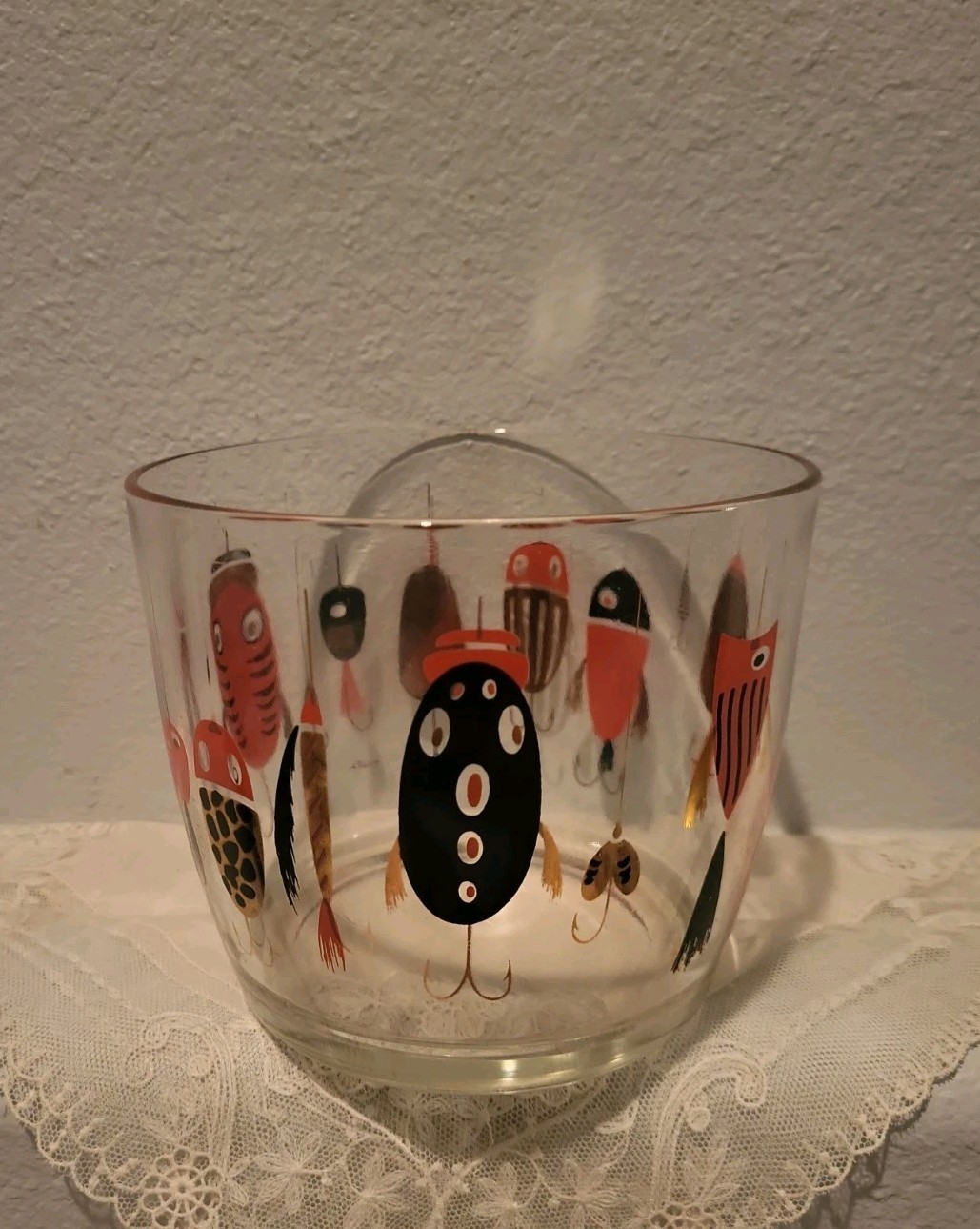 Vintage MCM Fishing Lure Barware Ice Bucket Clear Signed Meth Rare 
