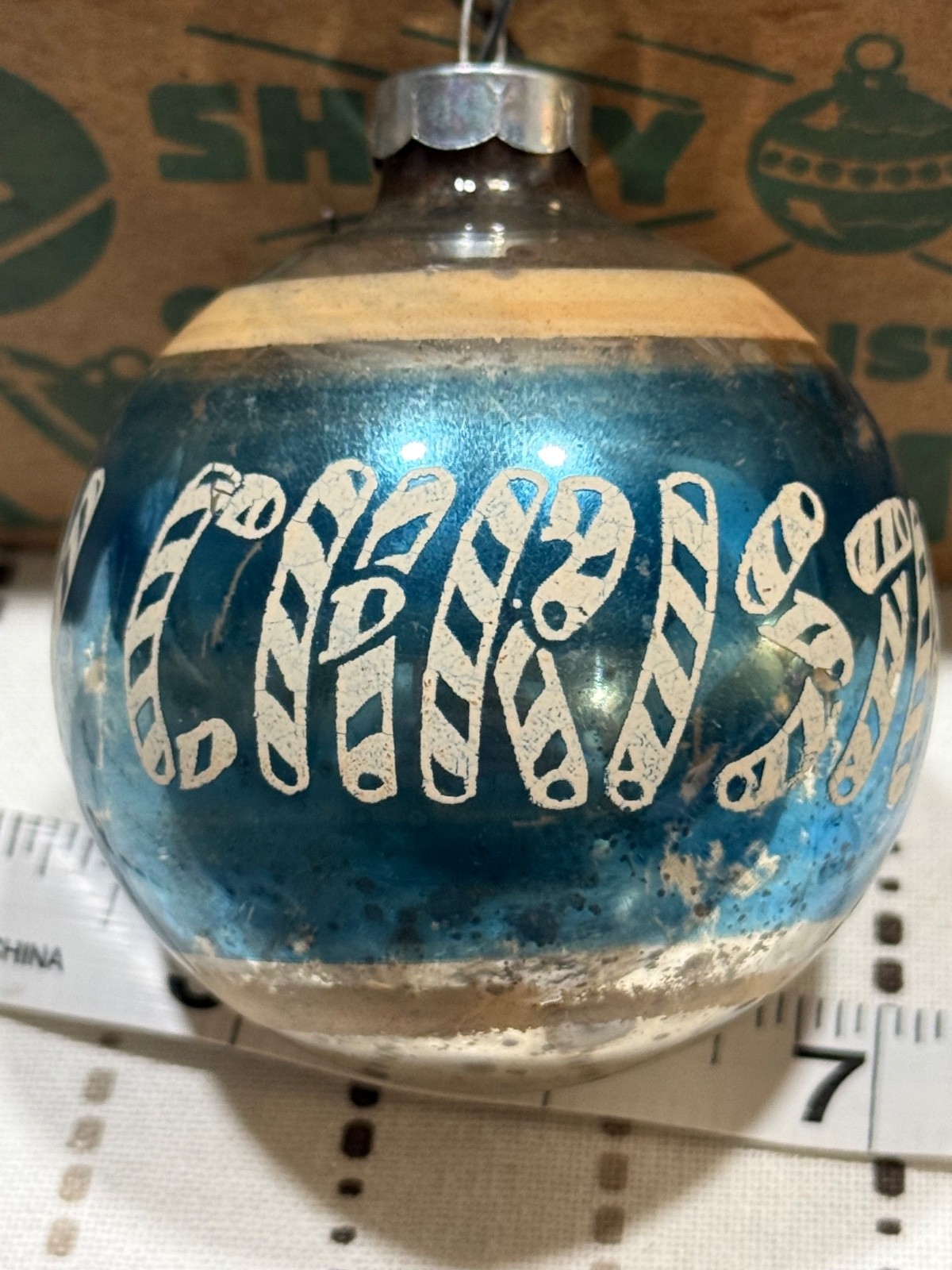 Vintage Franke blue ribbon Mica Stencil Christmas Ornament usa