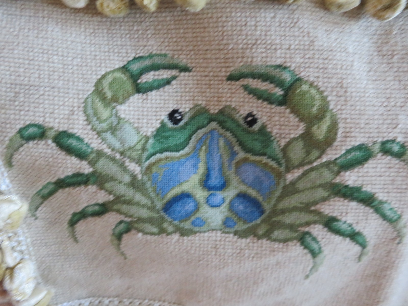 FRENCH CHIC Aubusson style Needlepoint Pillow Blue Crab Sampler NWOT 21