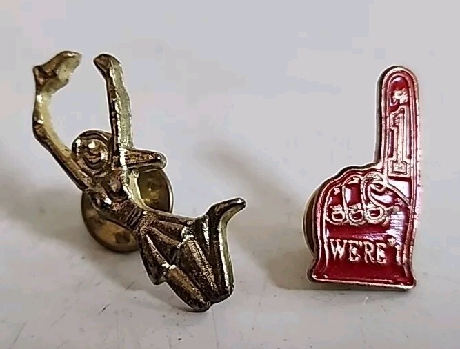 VTG Cheerleader Figure & We\'re #1 Hand Hat Jacket Lapel Pin High School College