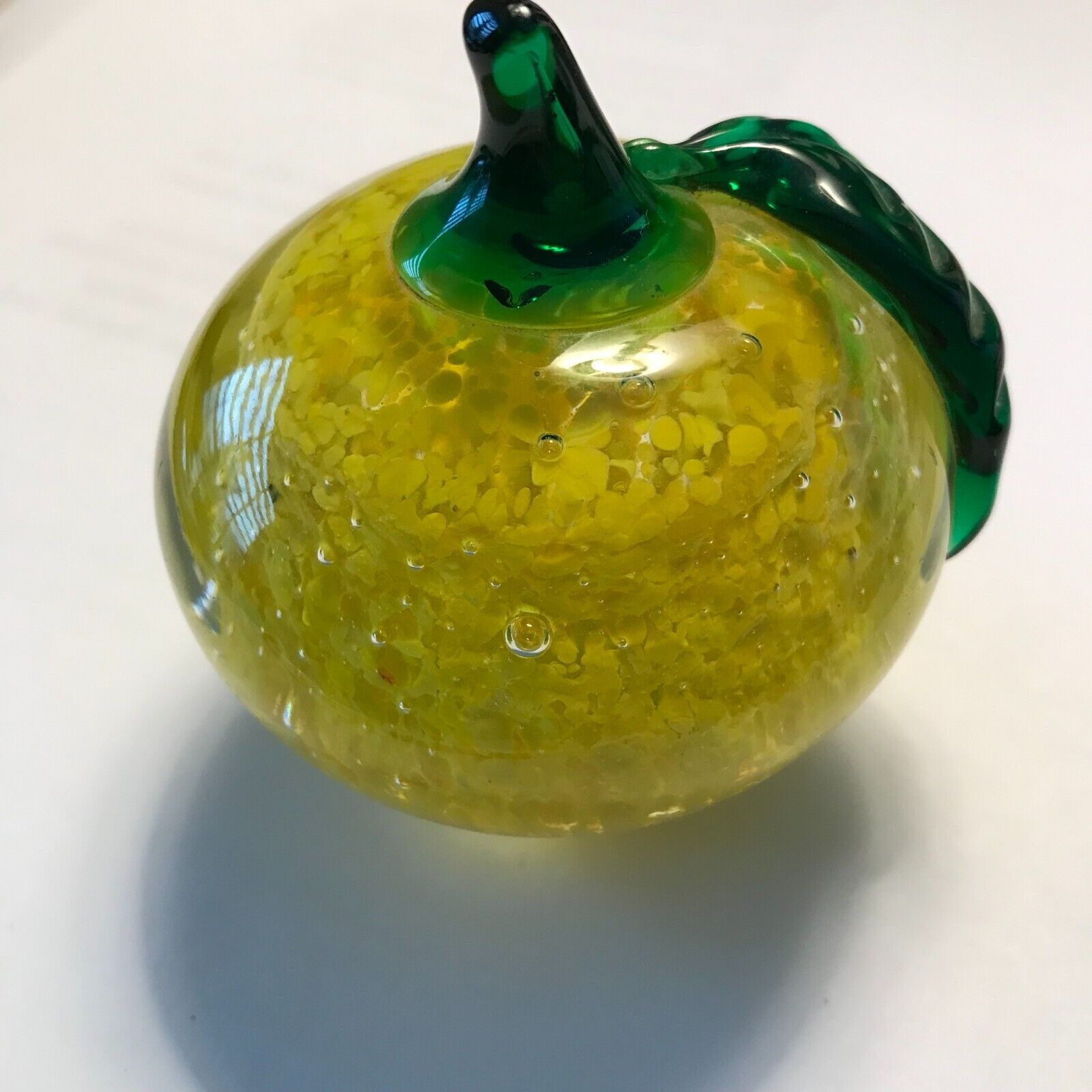 Art Glass Paperweight Hand Blown Yellow Splatter Apple and Green Stem 2.75\
