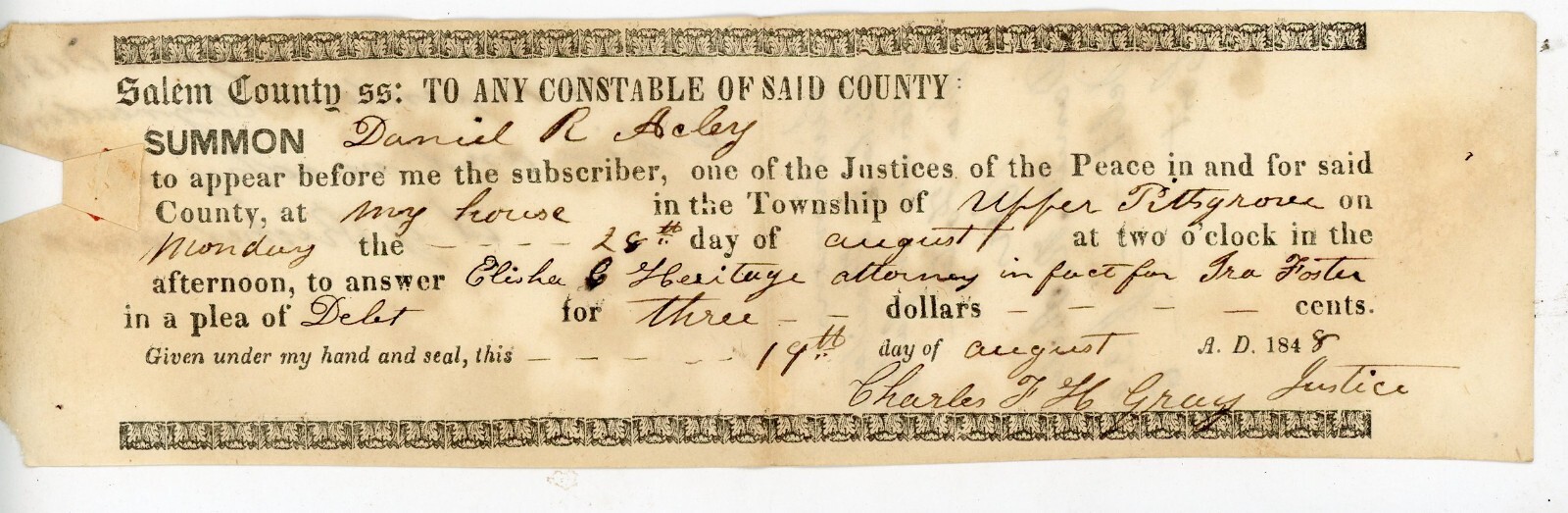 1848 Salem County NJ Summons – Daniel R. Ackley vs. Ira Foster – Debt Case Legal