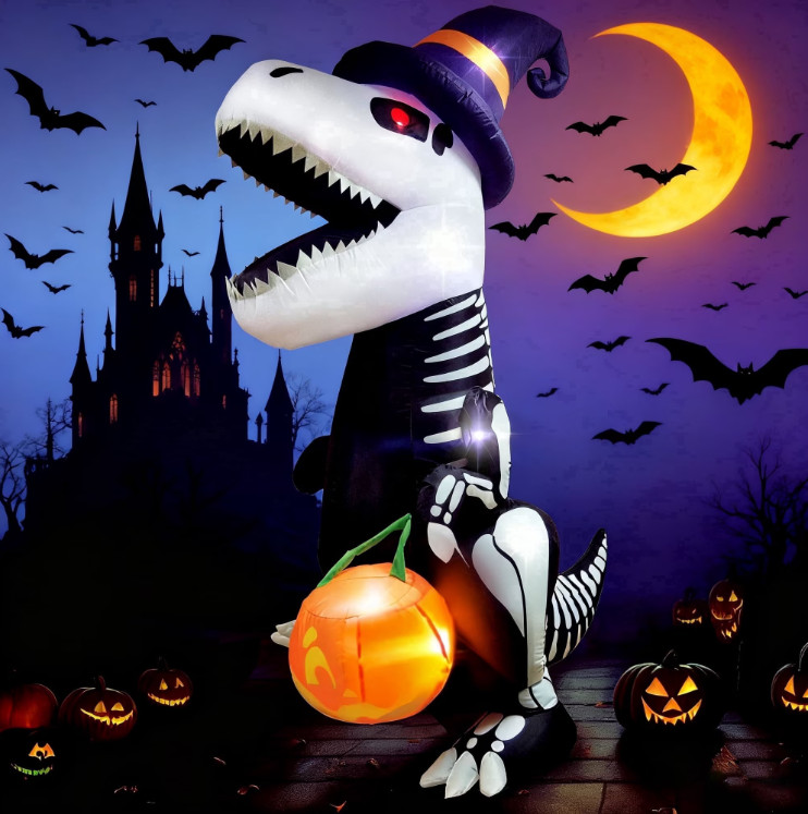Dinosaurio Esqueleto Inflable Halloween 8 Pies con Calabaza y Luces LED Jardín