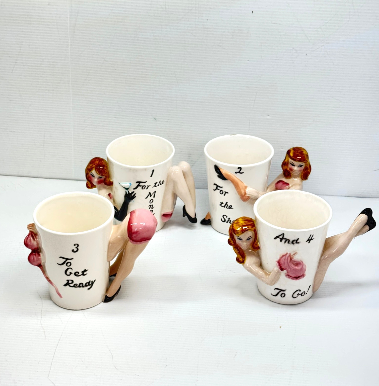 VTG 1950S RISQUE BURLESQUE PARTY GIRL MUG SET JAPAN 1 MONEY 2 SHOW 3 READY 4 GO VTG 1950S RISQUE BURLESQUE PARTY GIRL MUG SET JAPAN 1 MONEY 2 SHOW 3 READY 4 GO