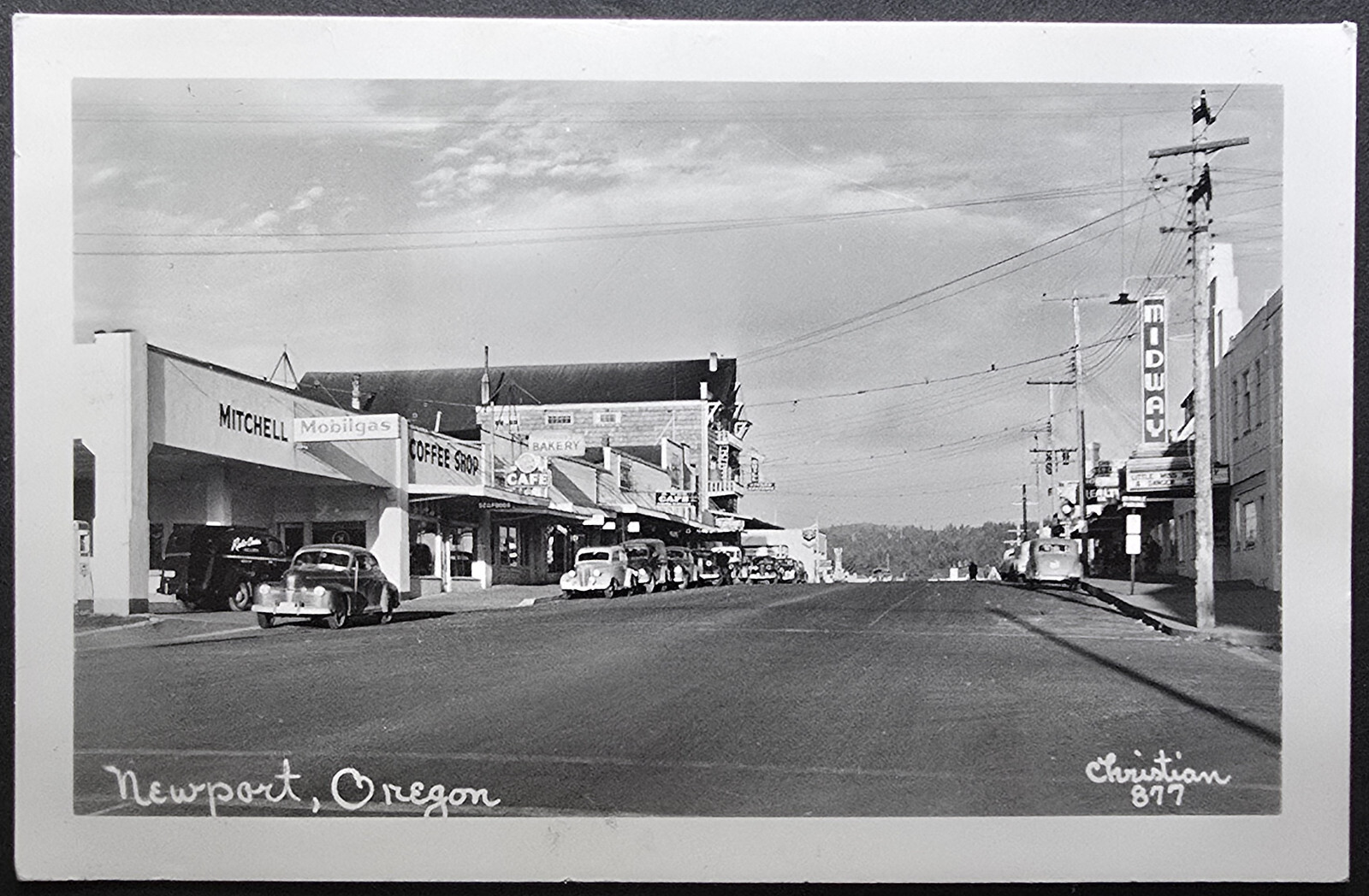 Vintage 1940s Newport Oregon RPPC Street View Cars Shops Midway Theater
